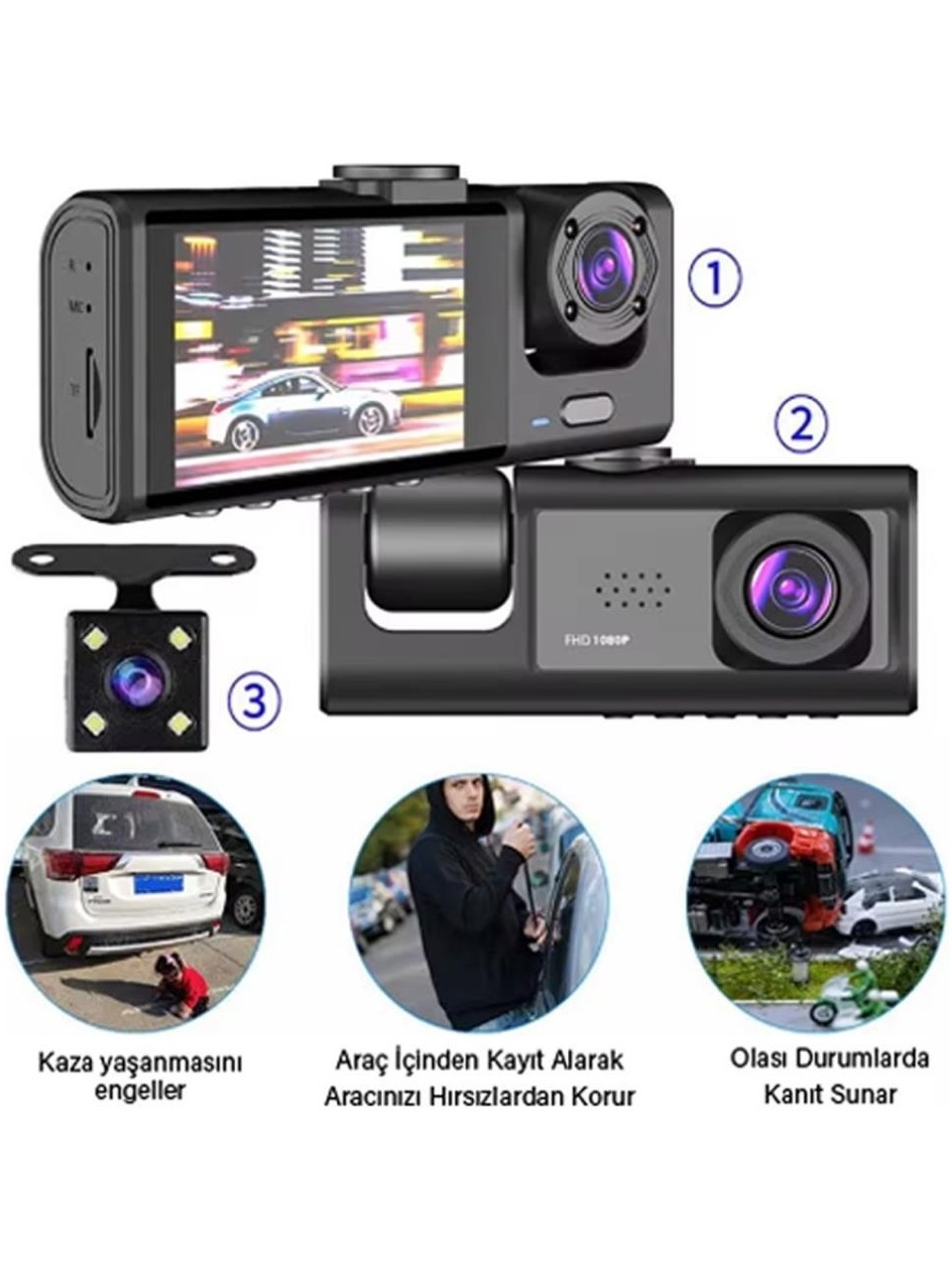 Akıllı Araç Kamerası (Wifili-1080P Ön-Arka 3 Kameralı 2.0”Hd Ekran Ve G Sensörlü )