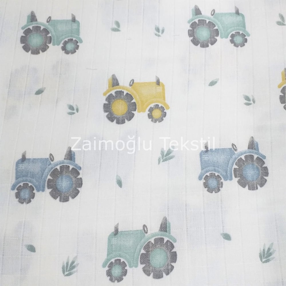 Traktör Desen Müslin Bezi Kumaşı