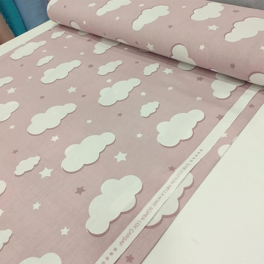 Bulut ve Yıldız Desenli Poplin Kumaş