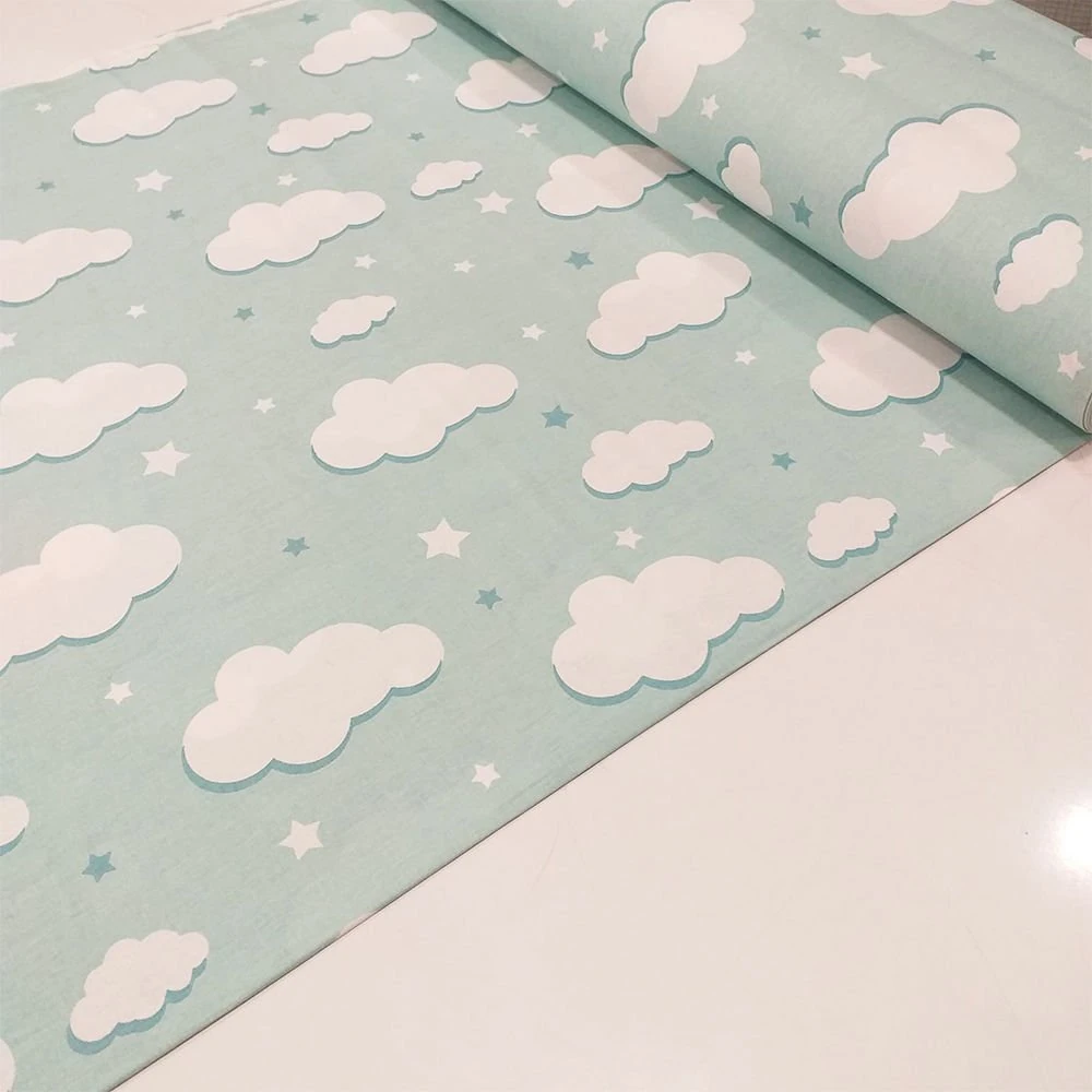 Bulut ve Yıldız Desenli Poplin Kumaş