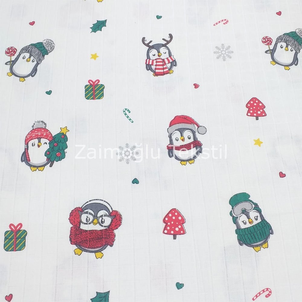 Penguenler Desen Müslin Bezi Kumaşı