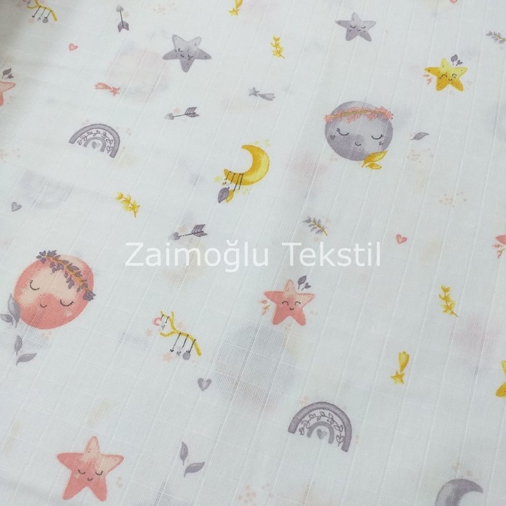 Ay Ve Yıldız Desen Müslin Bezi Kumaşı