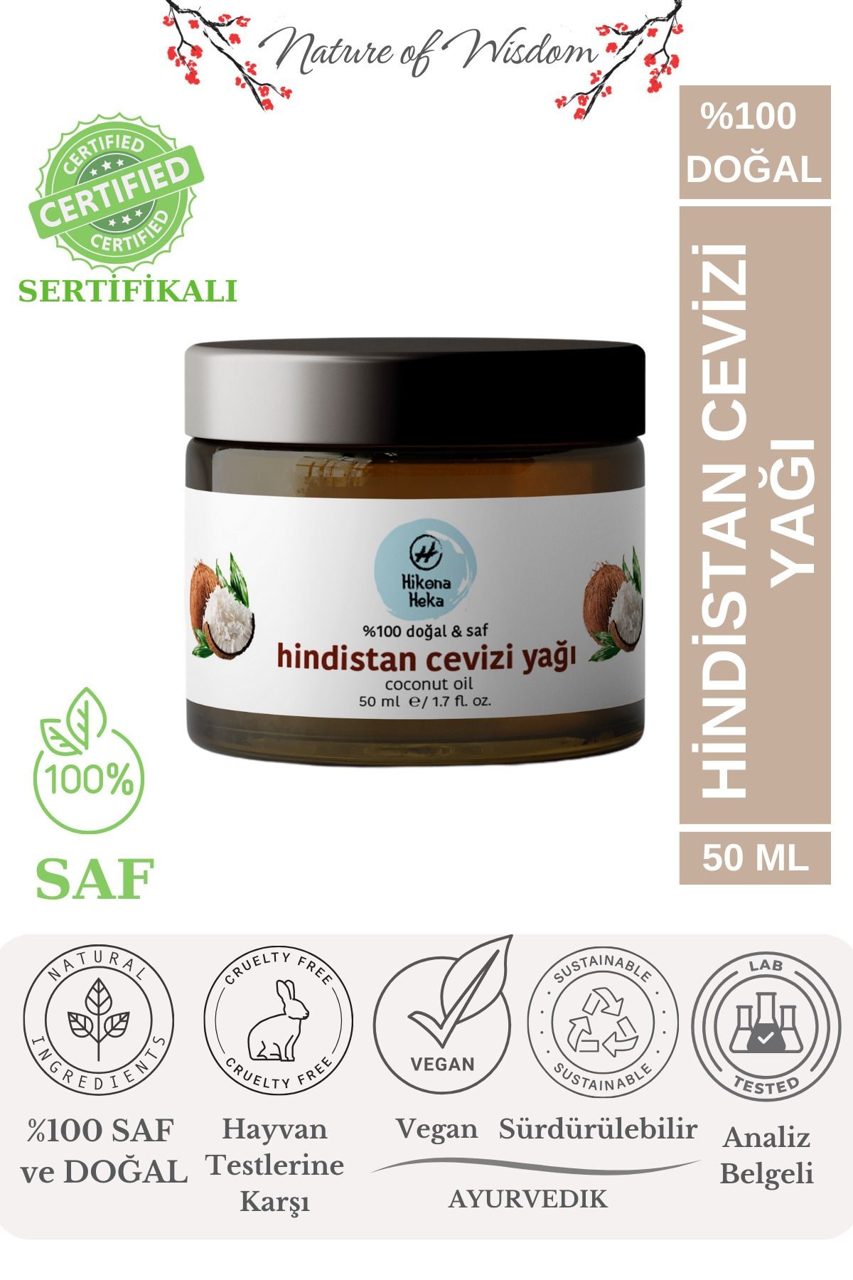 Katı Hindistan Cevizi Yağı Soğuk Sıkım %100 Saf Ve Doğal Vegan Kavanoz 50 ml