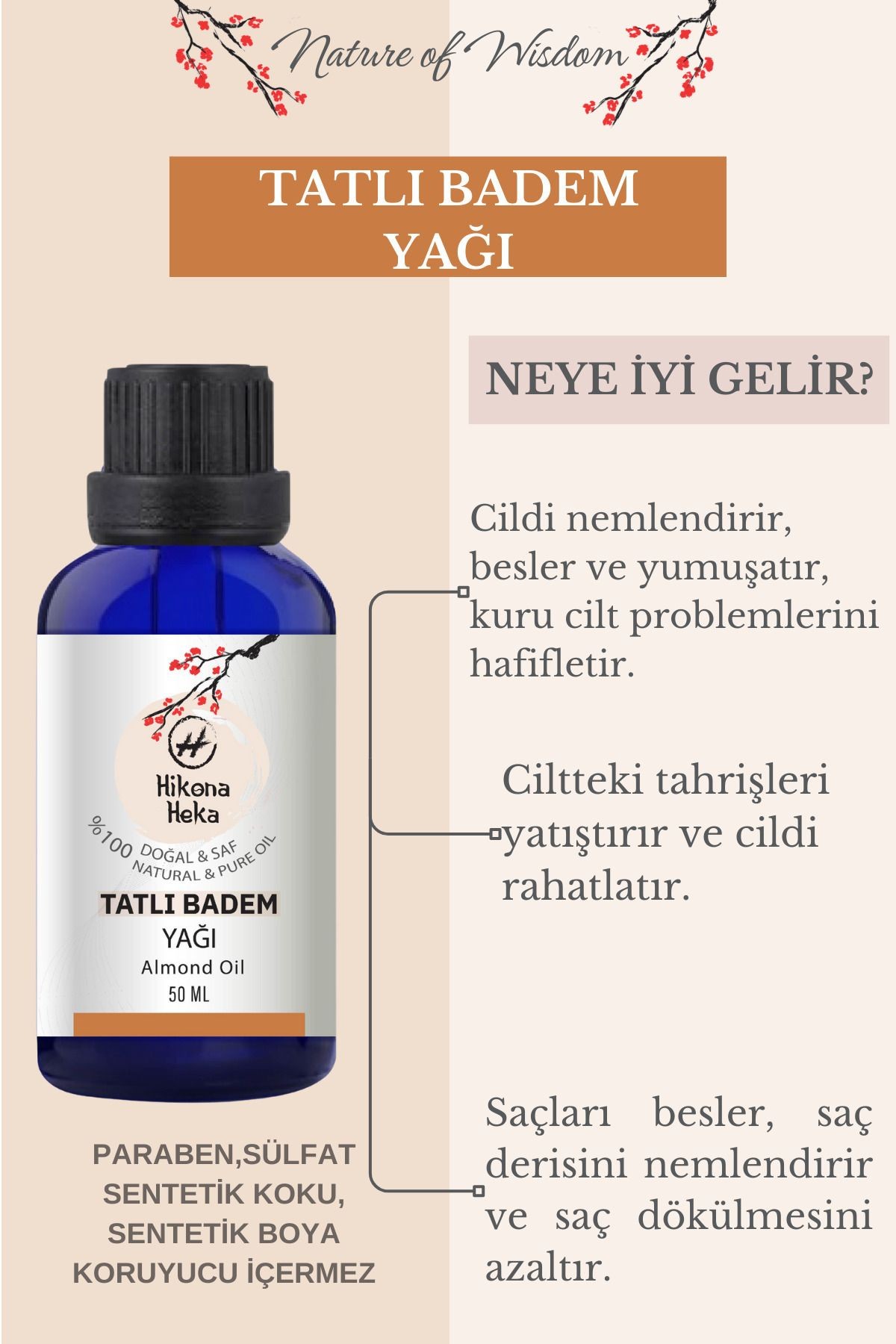 Tatlı Badem Yağı (Sweet Almond Oil)  %100 Saf ve Doğal Soğuk Sıkım 50 ml