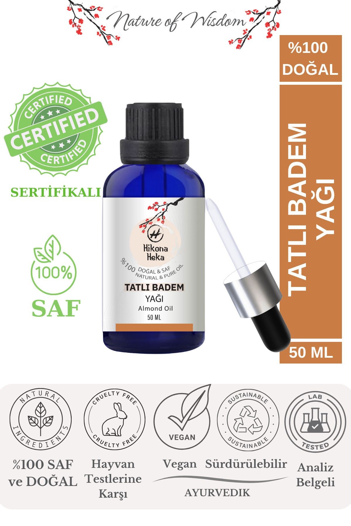 Tatlı Badem Yağı (Sweet Almond Oil)  %100 Saf ve Doğal Soğuk Sıkım 50 ml