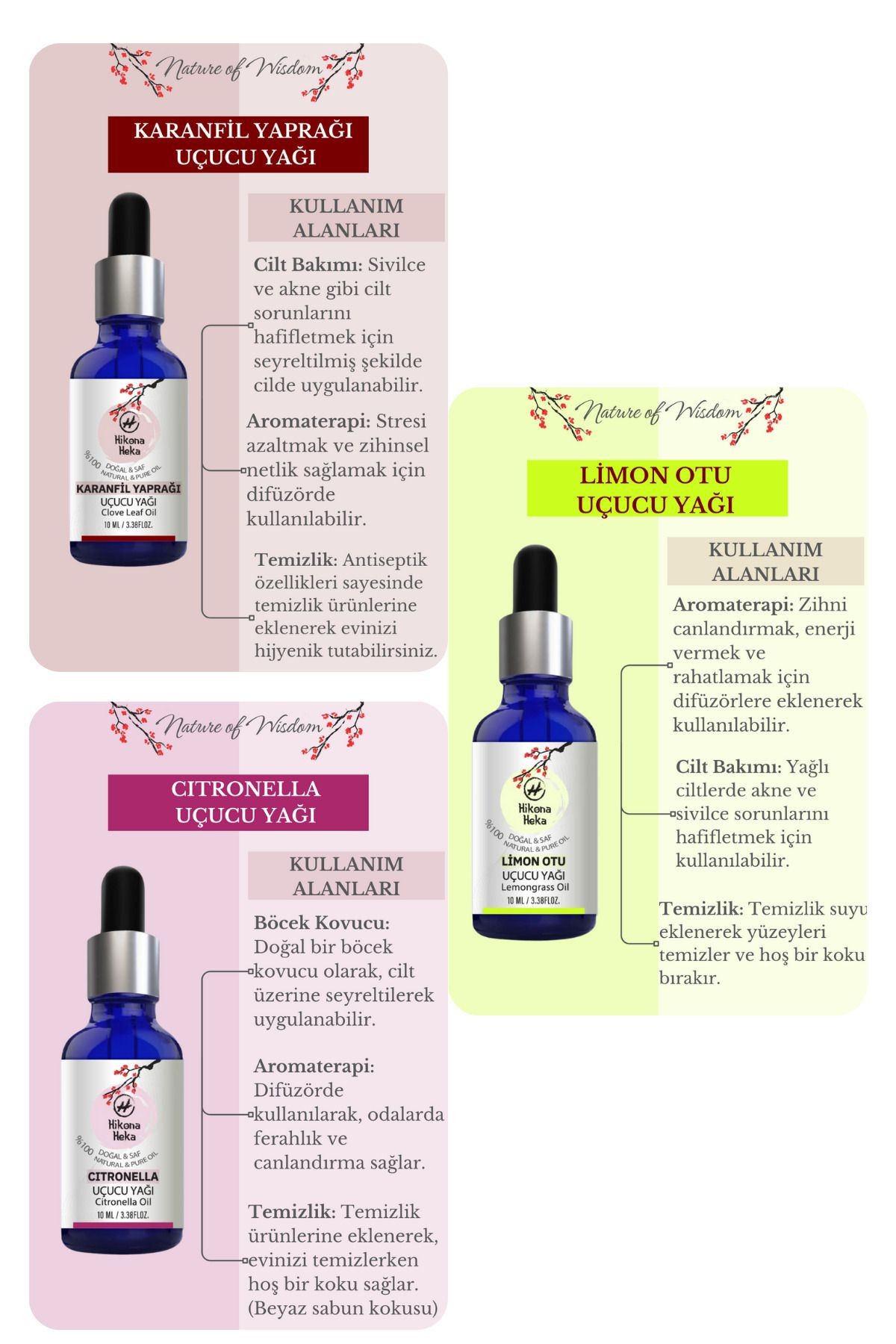 3'lü Set( Karanfil Yaprağı -Citronella -Limonotu) Uçucu Yağı %100 Saf ve Doğal (3x10 ml)