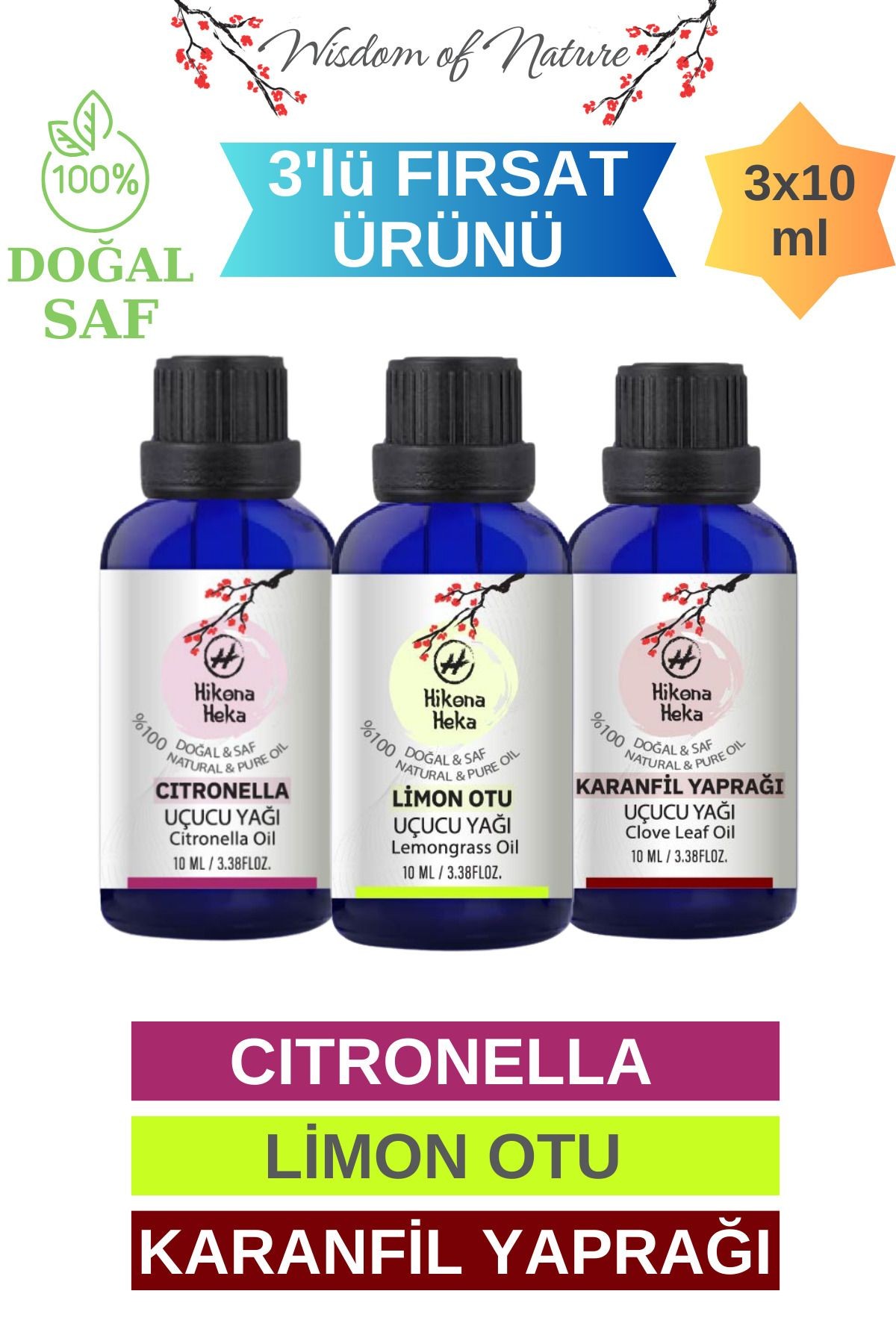 3'lü Set( Karanfil Yaprağı -Citronella -Limonotu) Uçucu Yağı %100 Saf ve Doğal (3x10 ml)