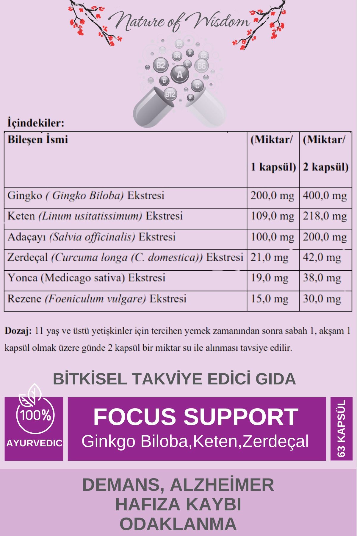 FOCUS SUPPORT Ginko Bloba,Keten,Zerdeçal İçeren Gıda Takviyesi 63 Bitkisel Tablet