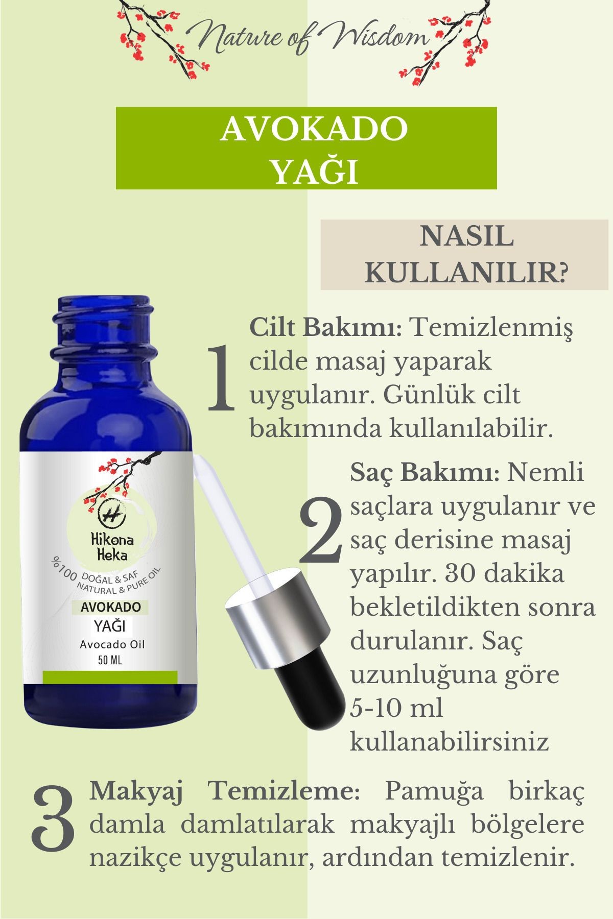 Avokado Yağı (Avokado Oil) Sertifikalı %100 Saf ve Doğal Soğuk Sıkım 50 ml