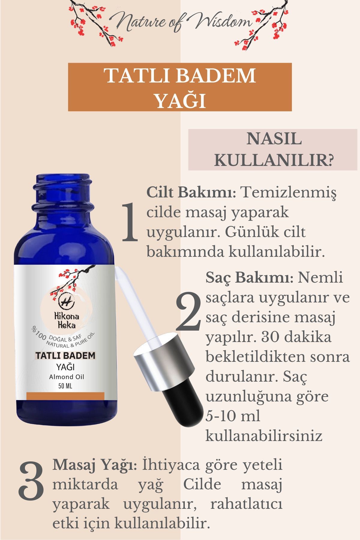 Tatlı Badem Yağı (Sweet Almond Oil)  %100 Saf ve Doğal Soğuk Sıkım 50 ml