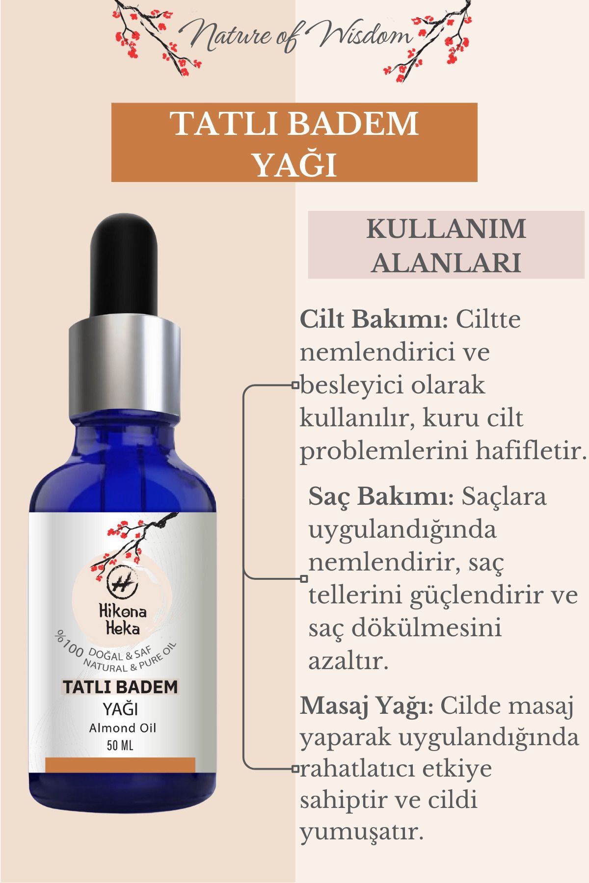 Tatlı Badem Yağı (Sweet Almond Oil)  %100 Saf ve Doğal Soğuk Sıkım 50 ml