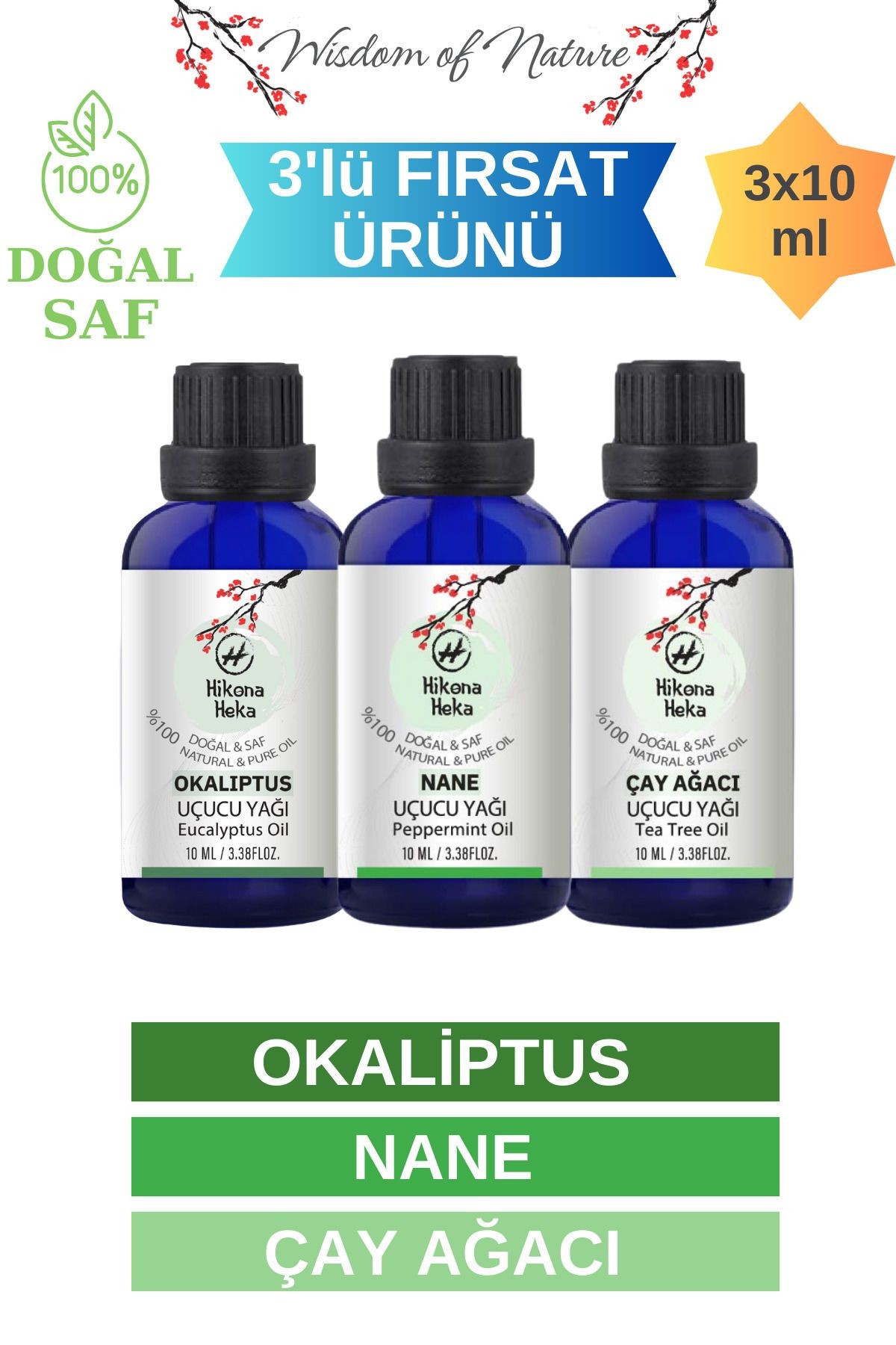 3'lü Set (Okaliptus - Nane - Çay Ağacı) Uçucu Yağı %100 Saf ve Doğal (3x10 ml)