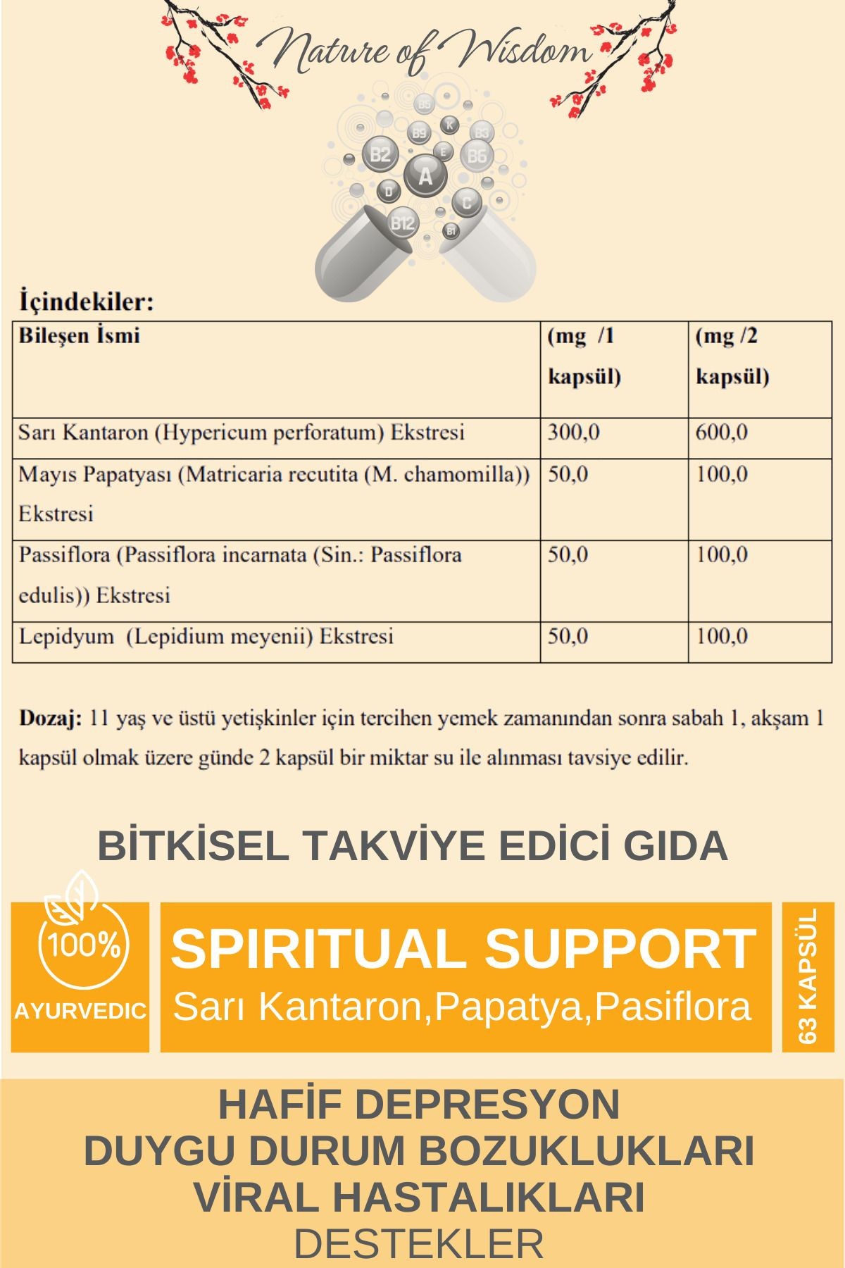 SPIRITUAL SUPPORT Sarı Kantaron,Pasiflora,Papatya İçeren Gıda Takviyesi Gıda 63 Bitkisel Tablet