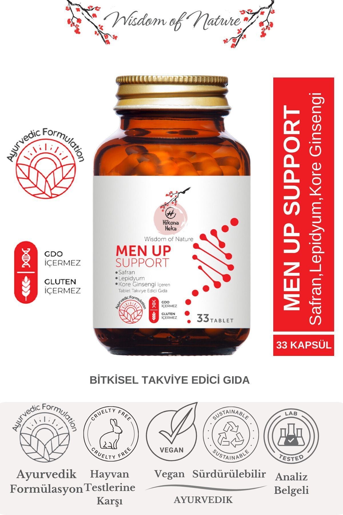 MEN UP SUPPORT Safran,Lepidyum ve Kore Ginsengi İçeren Gıda Takviyesi 33 Bitkisel Tablet