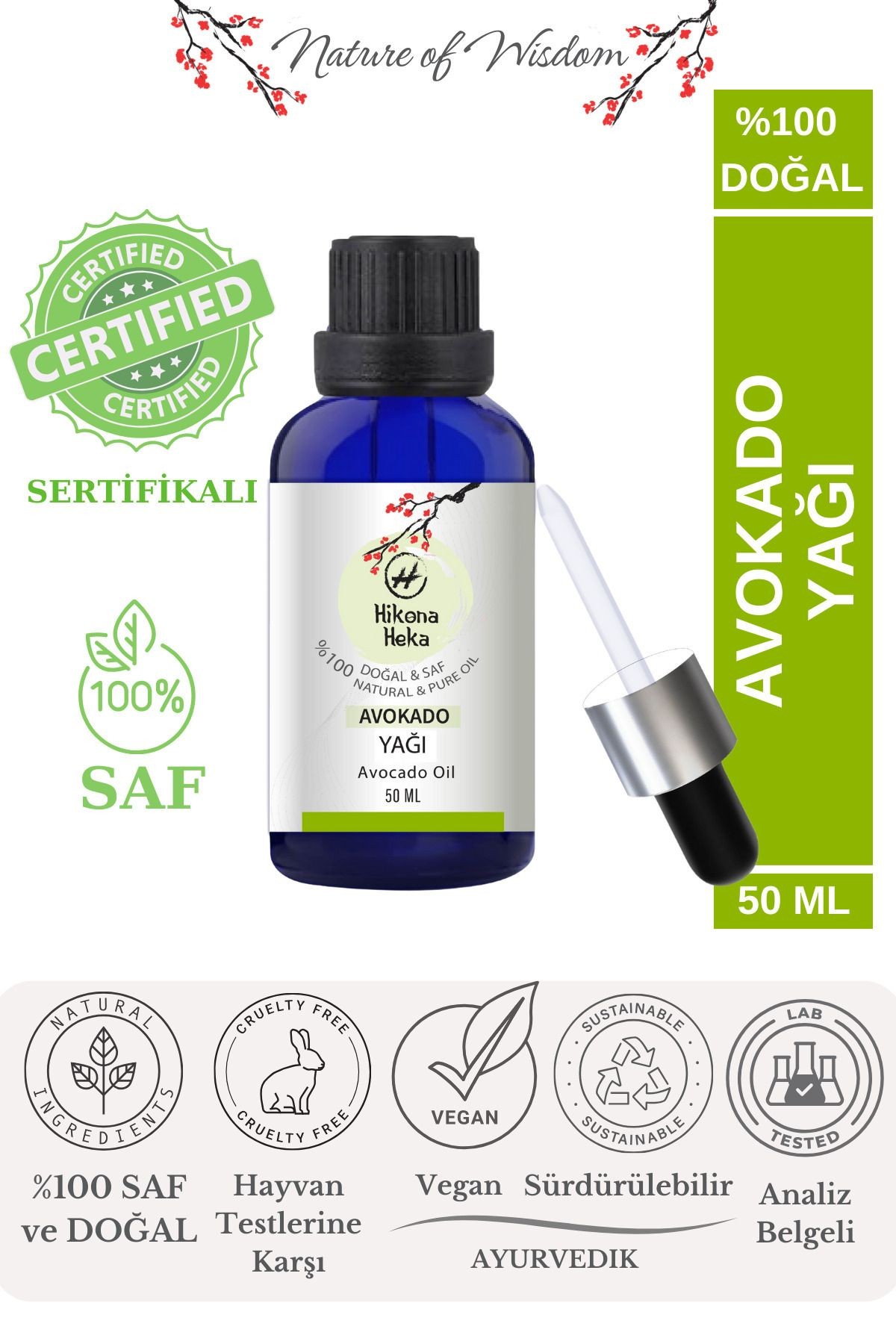 Avokado Yağı (Avokado Oil) Sertifikalı %100 Saf ve Doğal Soğuk Sıkım 50 ml