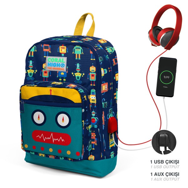 Coral High Kids Lacivert Çivit Robot Desenli Dört Bölmeli USB'li Okul Sırt Çantası 23284