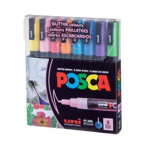 Uni POSCA 0.9 1.3 Su Bazlı Poster Markörü Simli 8 li PC - 3ML