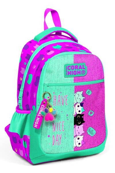 Coral High Kids Pembe Su Yeşili Kedi Desenli Simli Üç Bölmeli Okul Sırt Çantasıı 23490