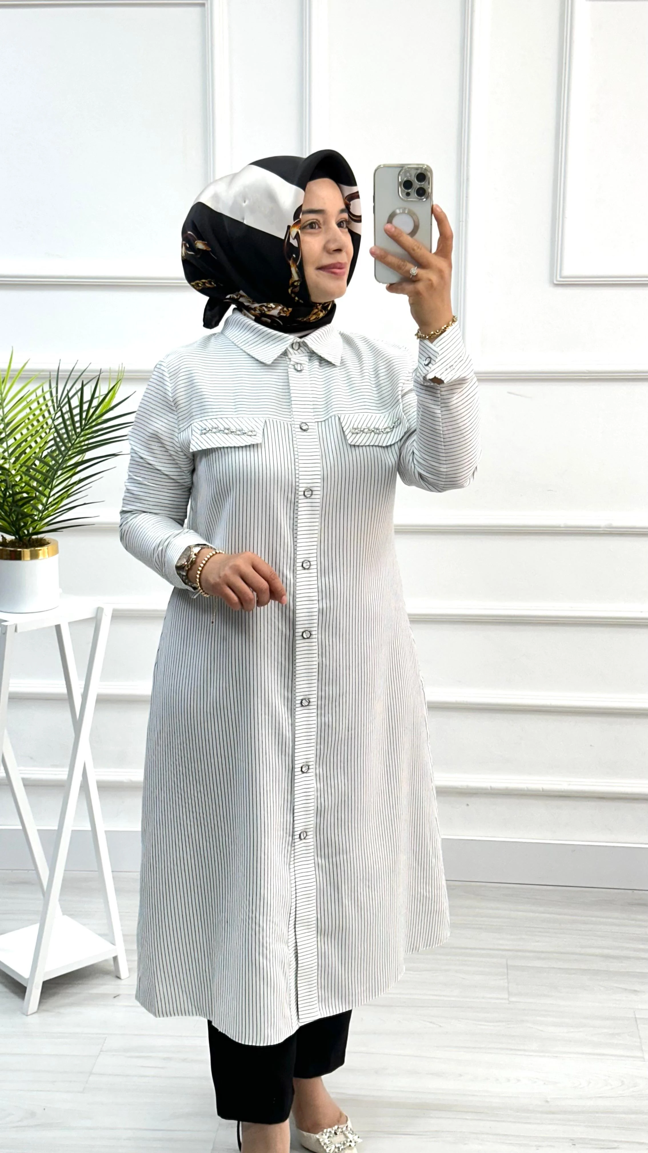 Qetenn Çizgili Cep Kapakları Zincir Detaylı Tunik 2837