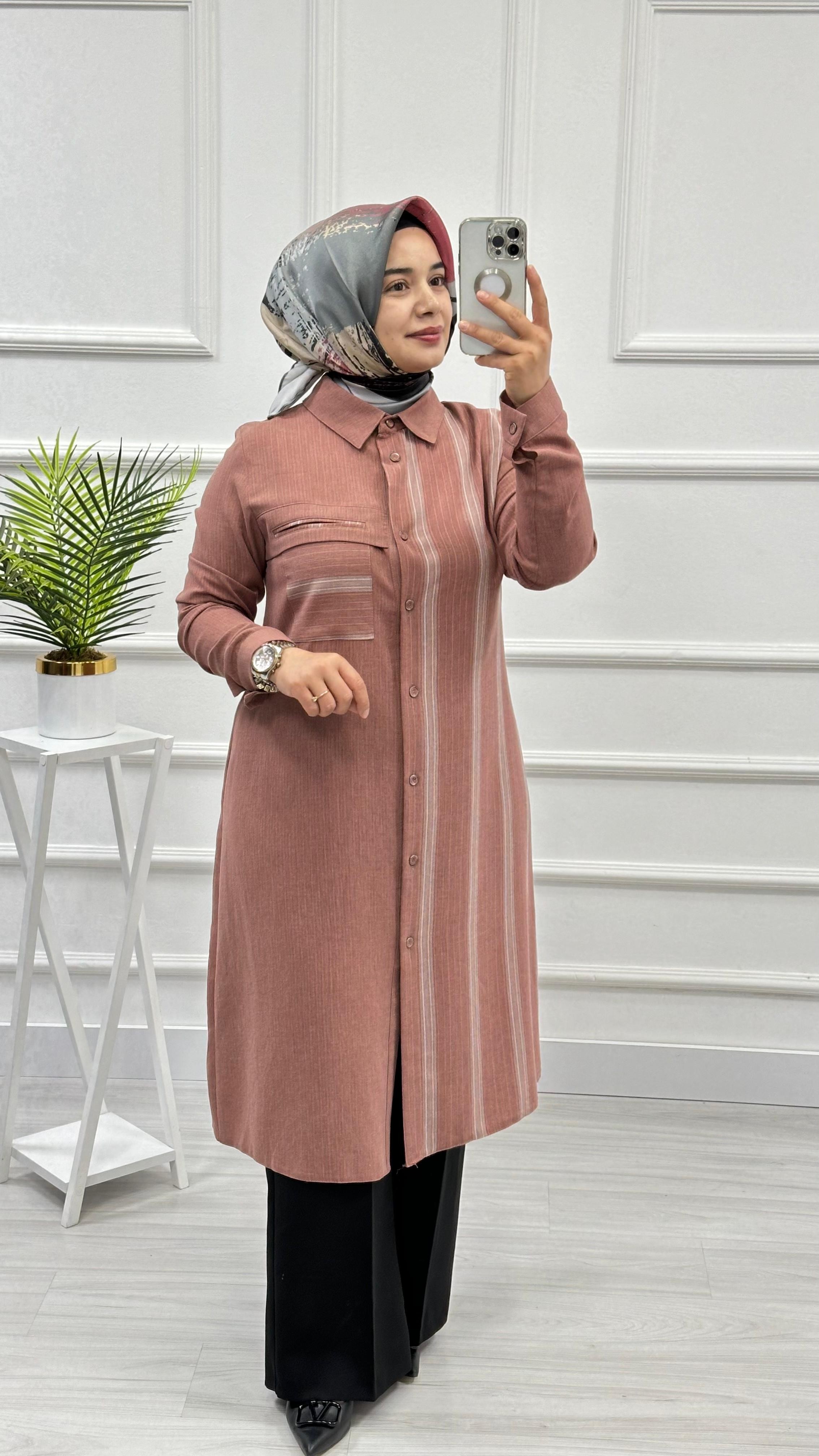 Wonna Çizgi Desenli Cepli Tunik 2810 - Pudra