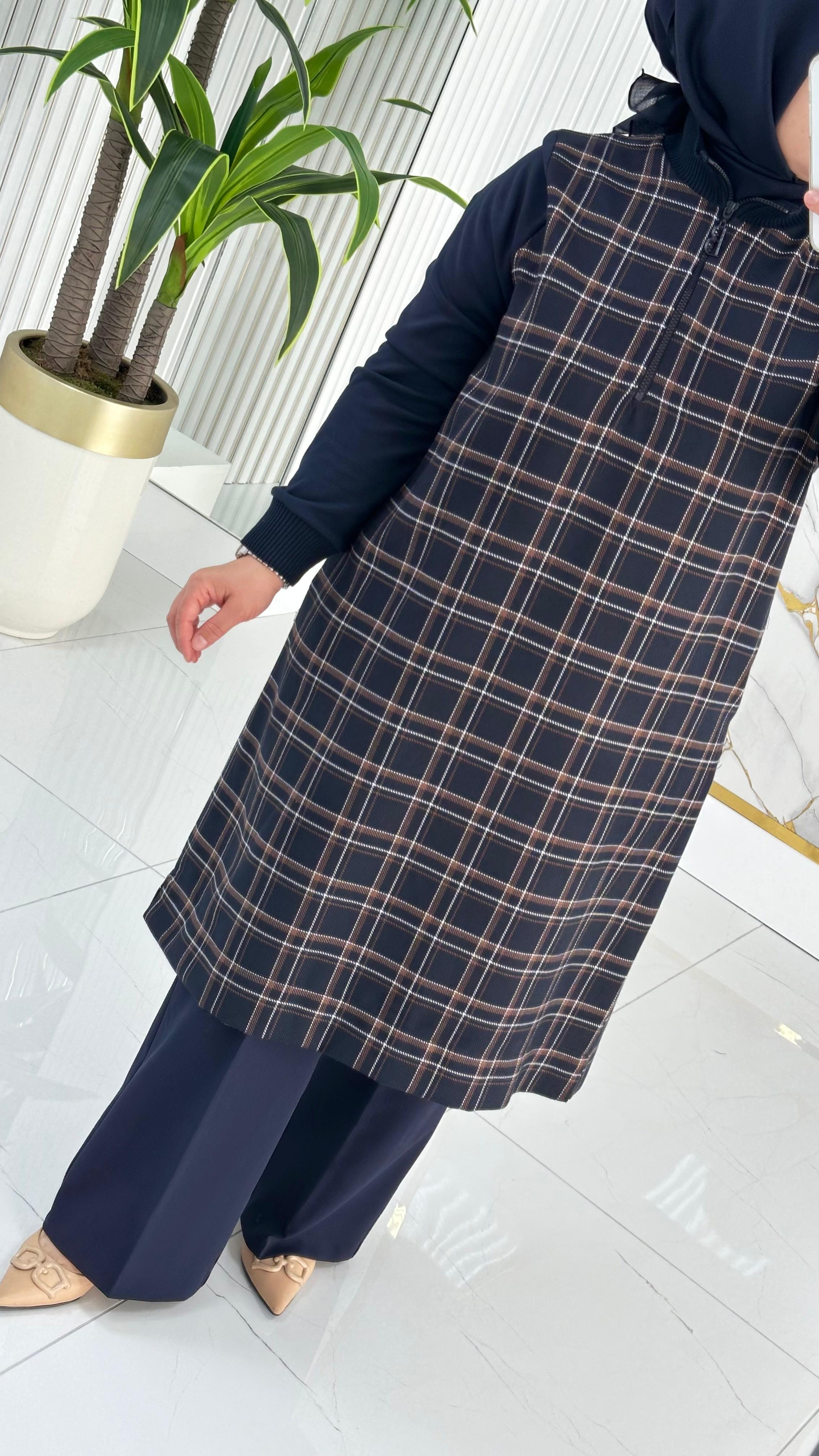 BELLİ (Armine Trend)Ekose Desen Ribanalı Kadın Tunik 1442