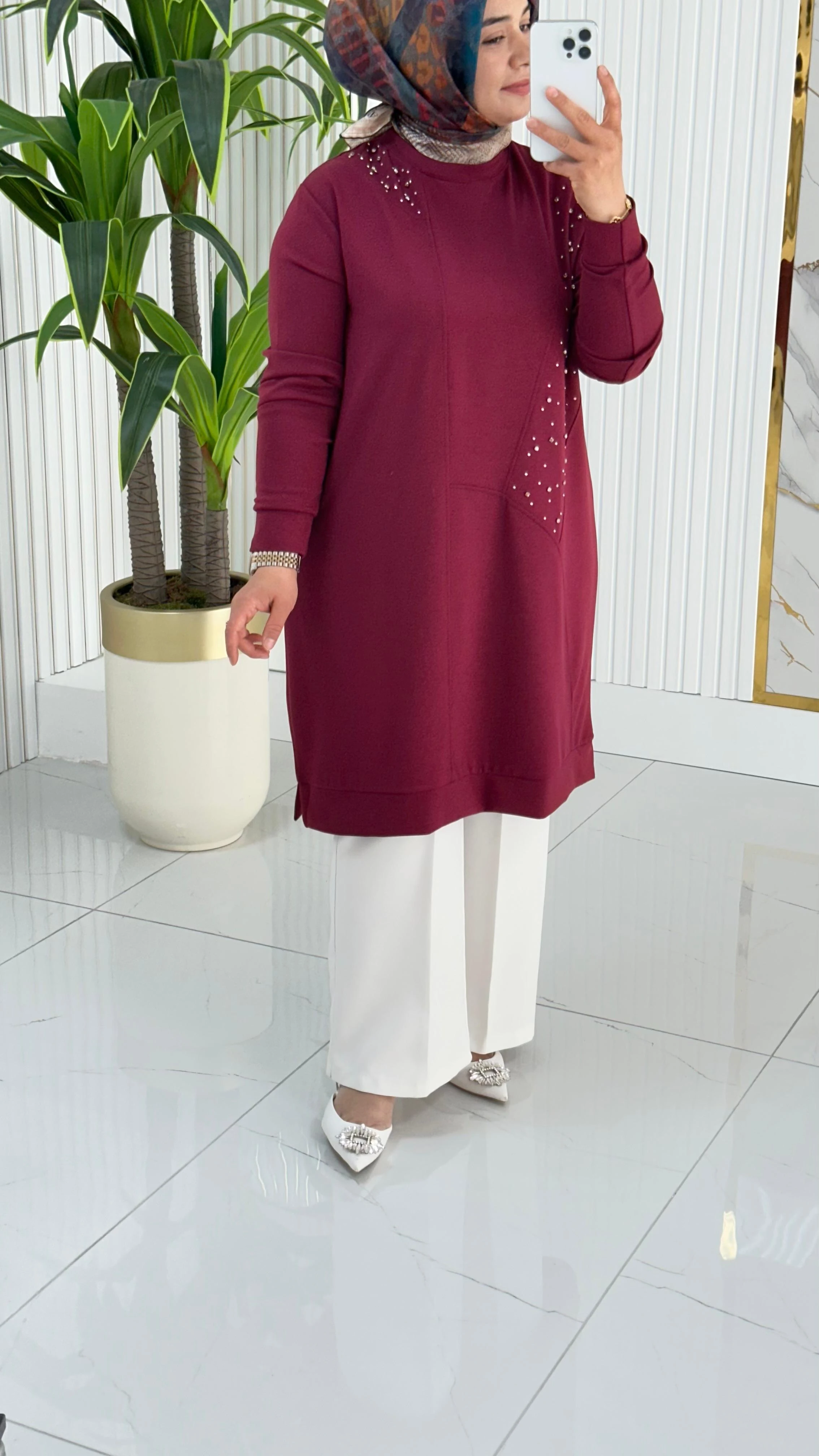 Kado Taş Baskılı Asimetrik Tunik 7020 - Bordo