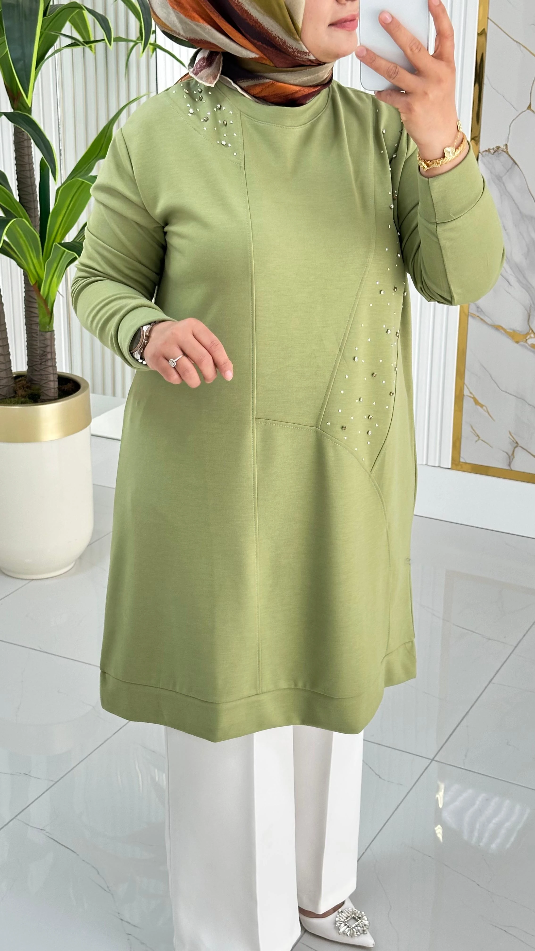 Kado Taş Baskılı Asimetrik Tunik 7020 - Fıstık yeşili