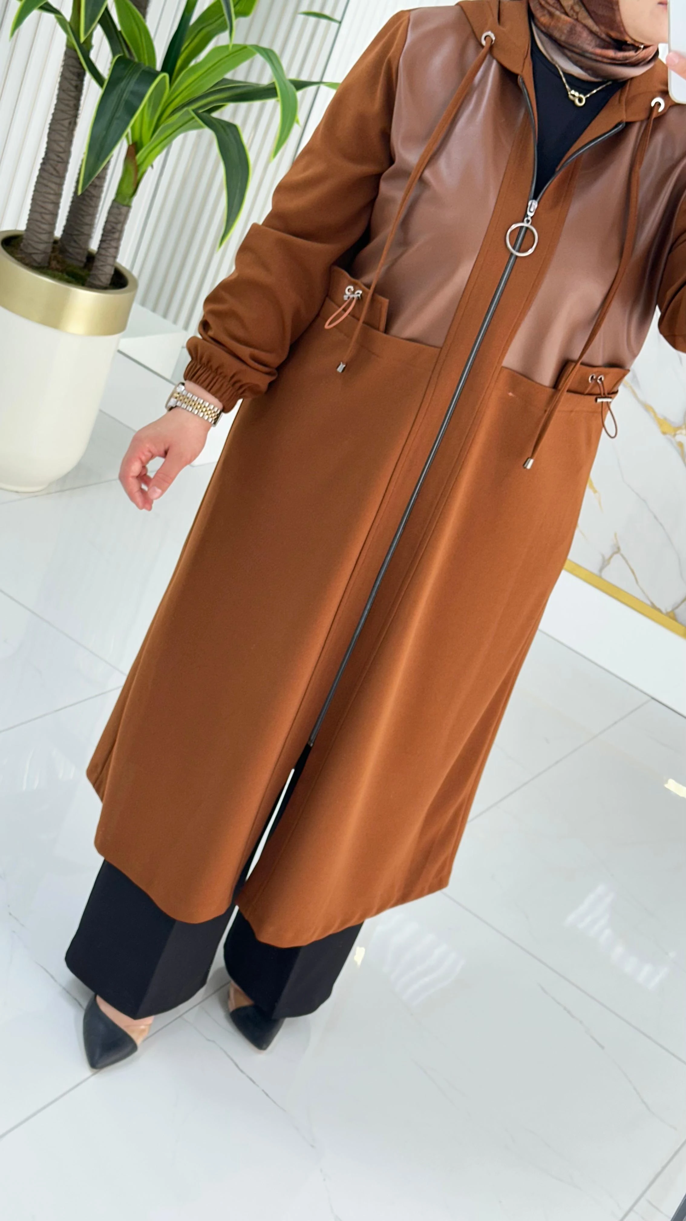 Önü Fermuarlı Deri Kombinli Kadın Giyçık Kap 2278 - Taba