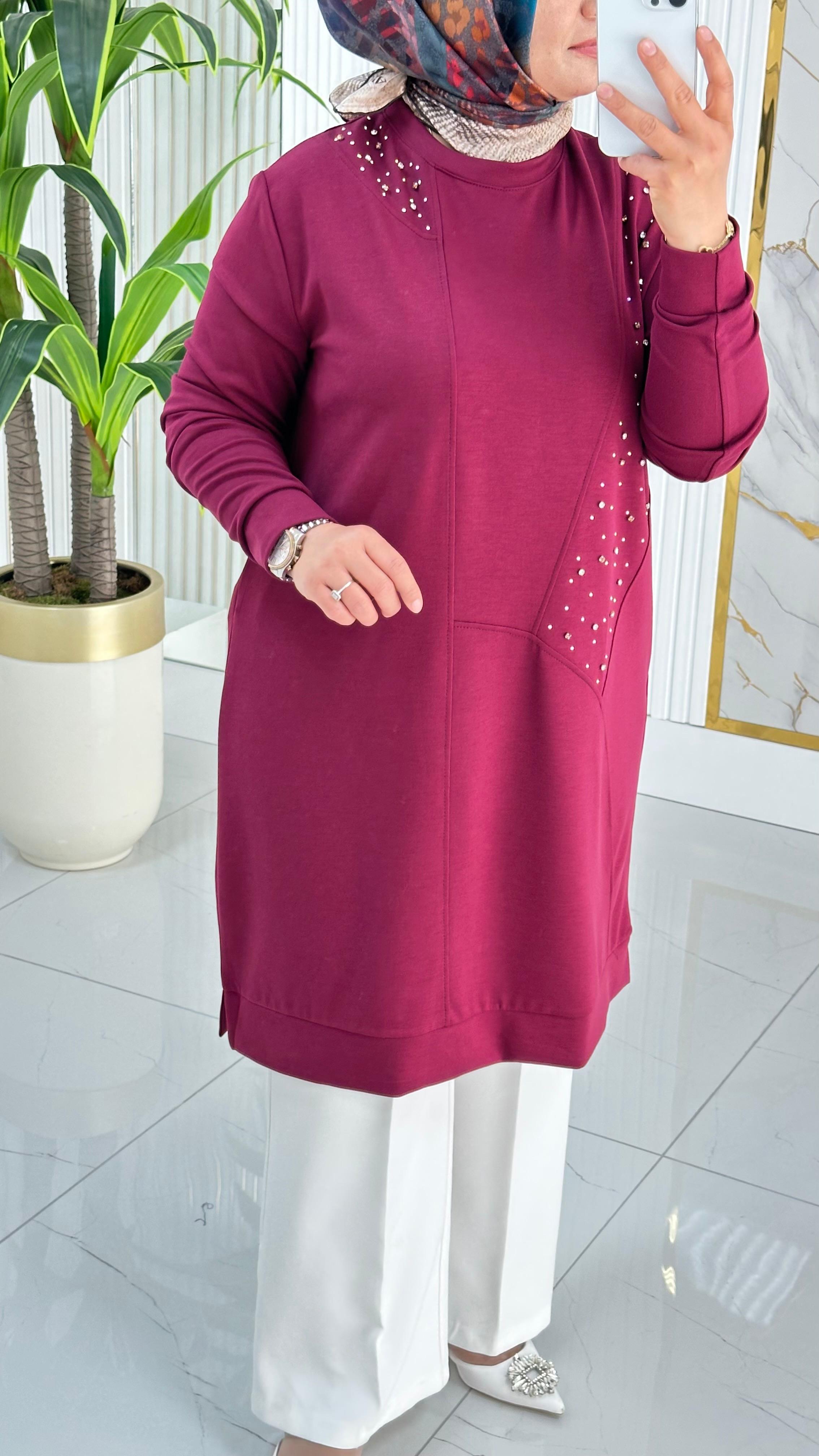 Kado Taş Baskılı Asimetrik Tunik 7020 - Bordo