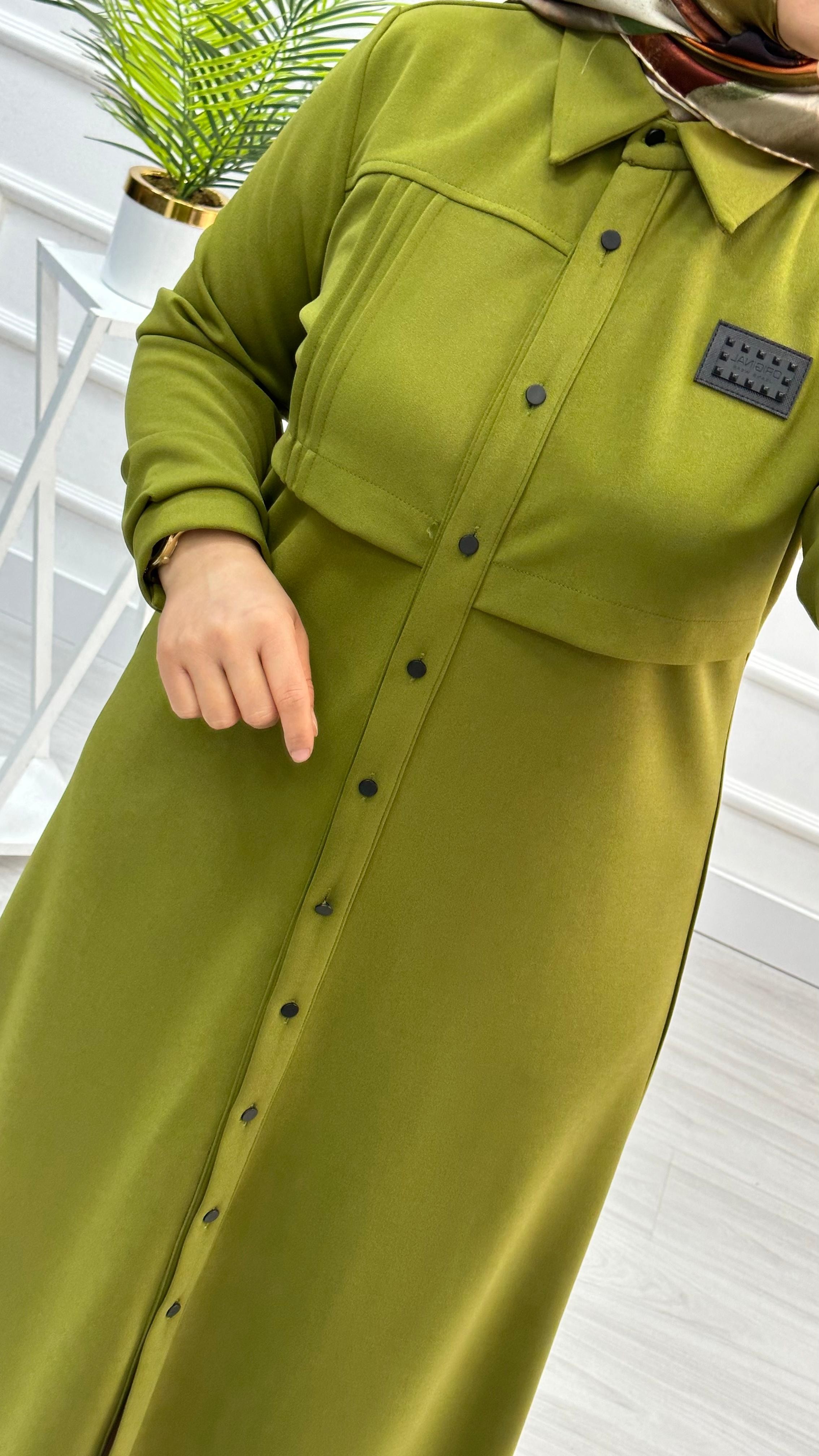 Çınar Özkan Önü Detaylı Uzun Tunik Yağ Yeşili 1513