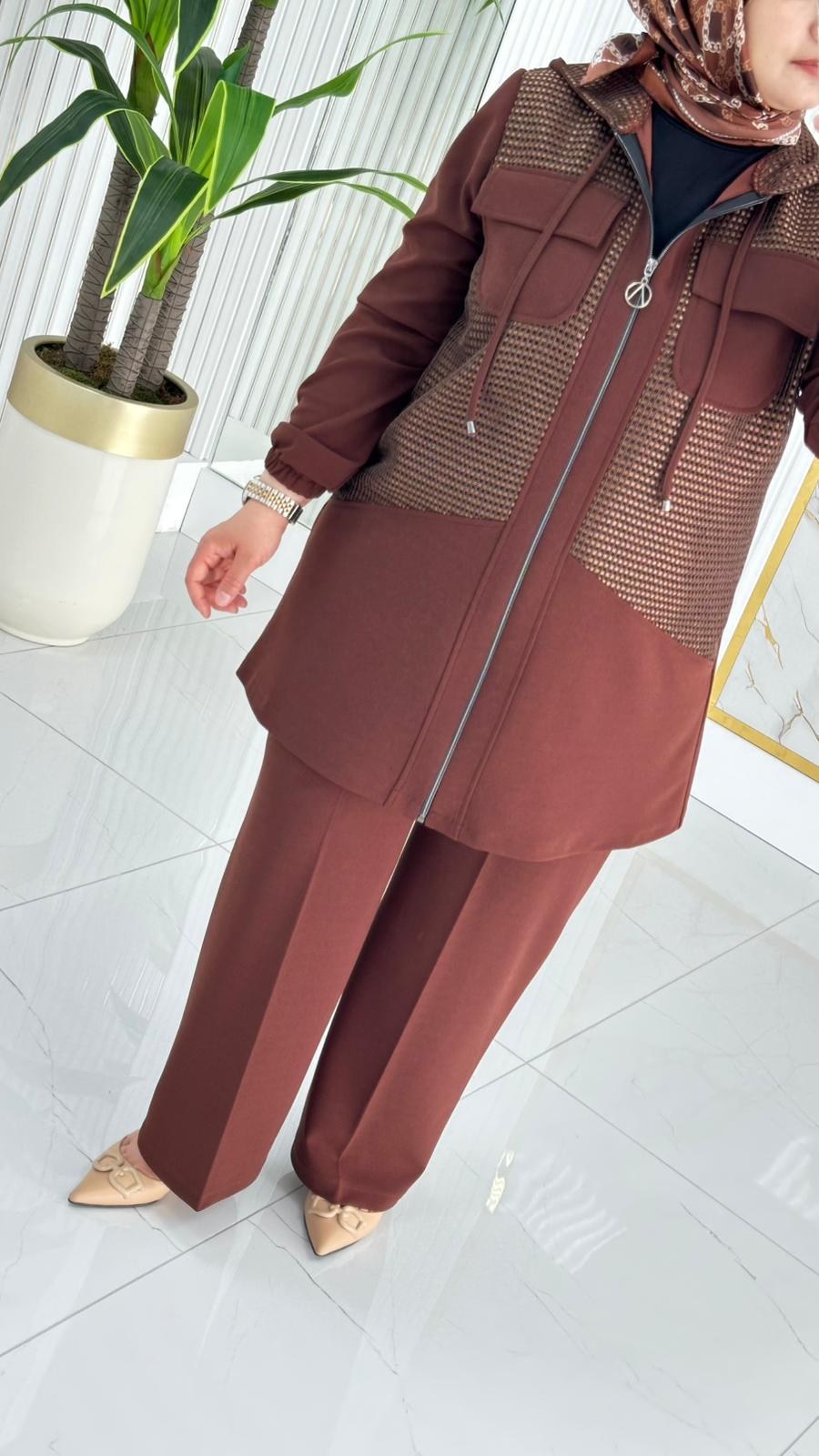 Çınar Özkan Fileli Pantolonlu Takım 2233 - Kahverengi