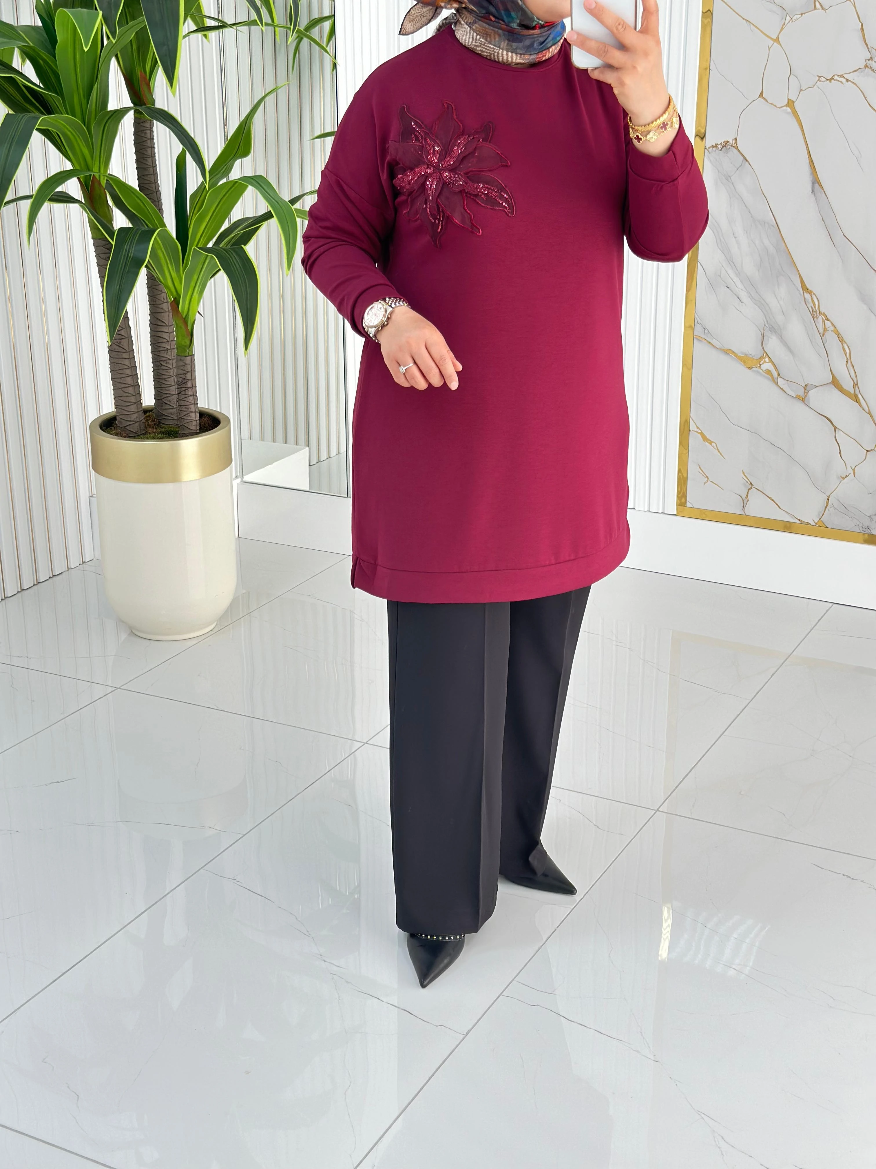 Kado Çiçek Desenli Tunik 7346 - Bordo