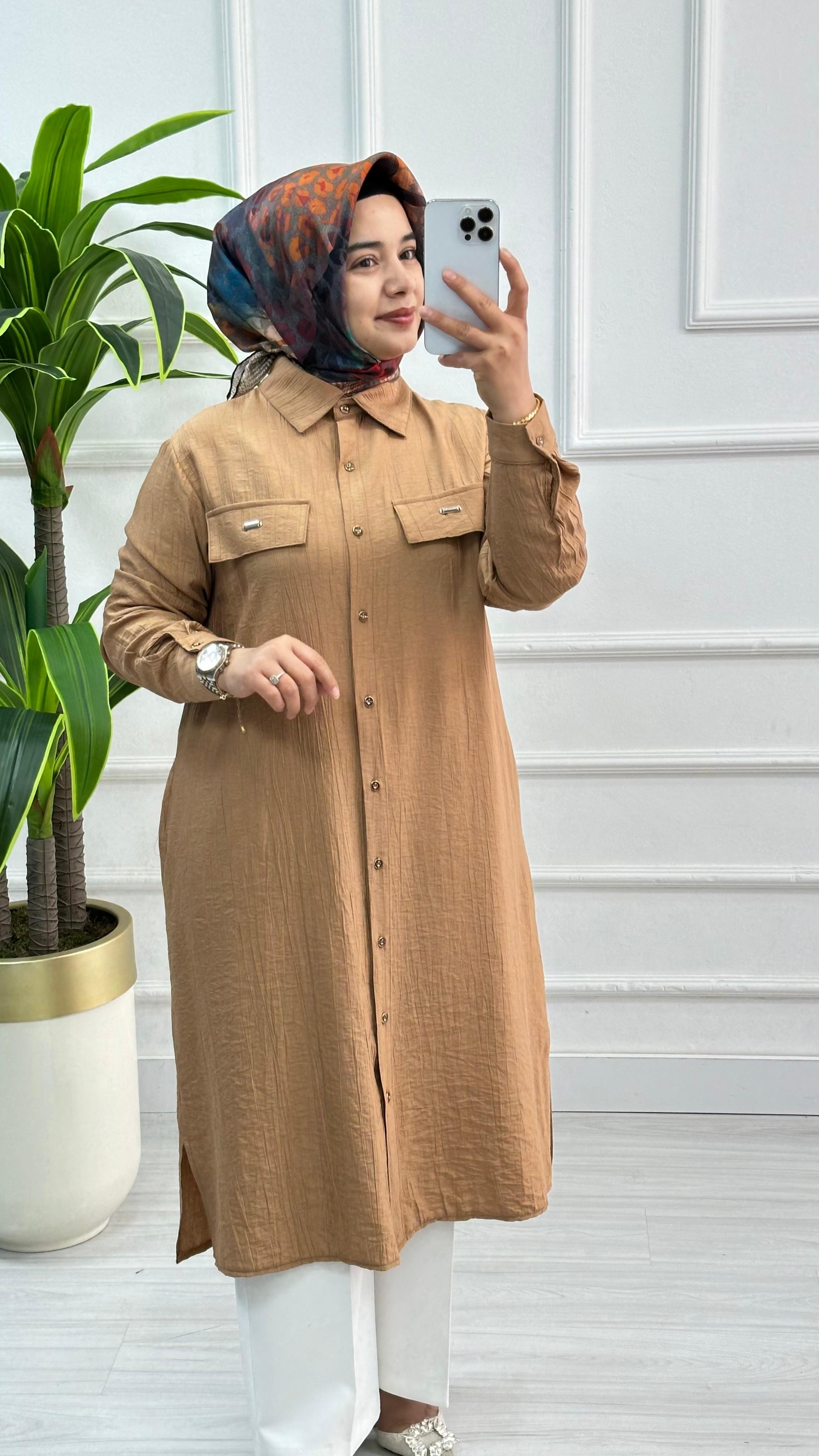 Kado Cep Detaylı Tensel Kumaş Tunik 1900 - Kavun