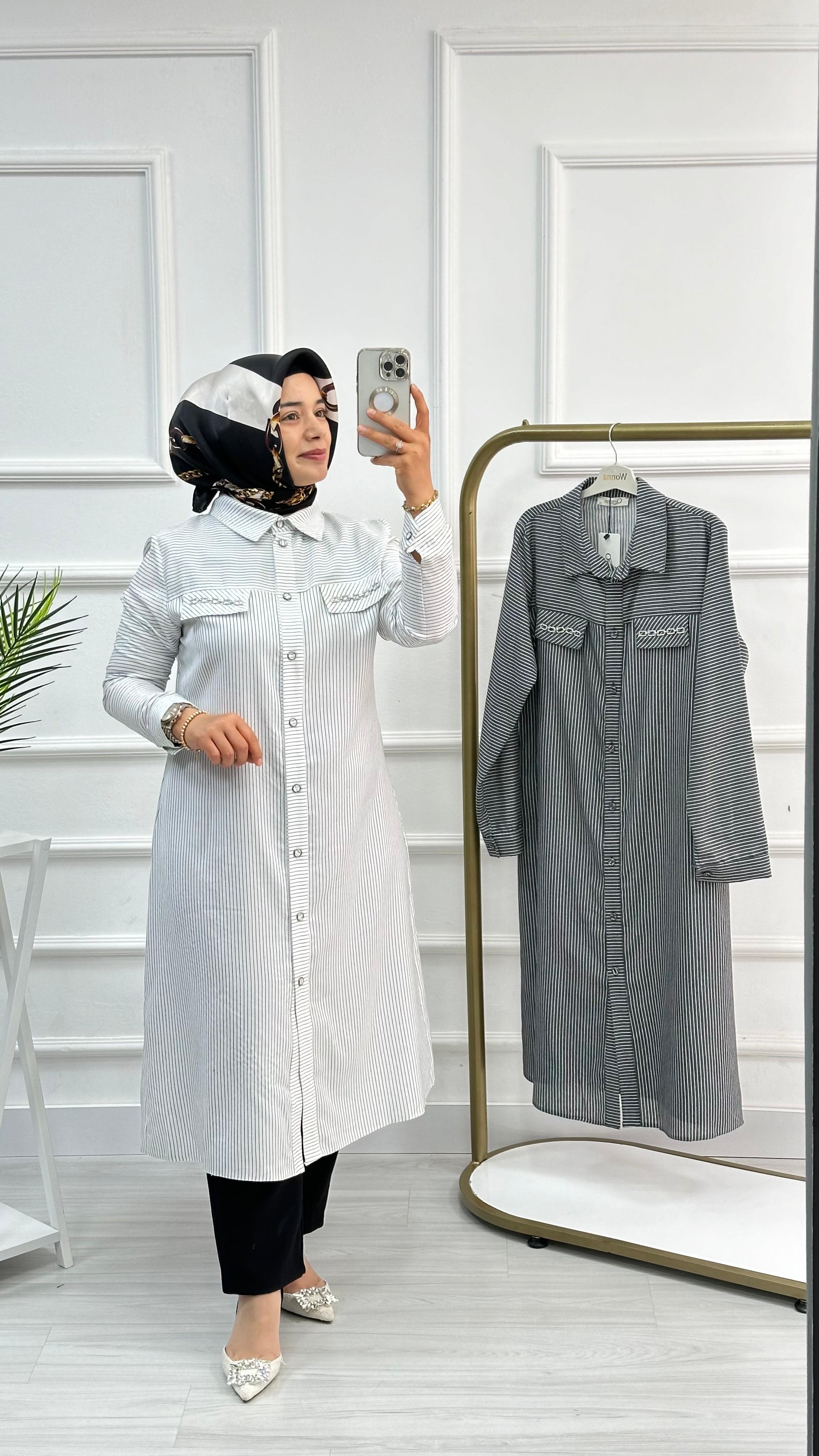 Qetenn Çizgili Cep Kapakları Zincir Detaylı Tunik 2837