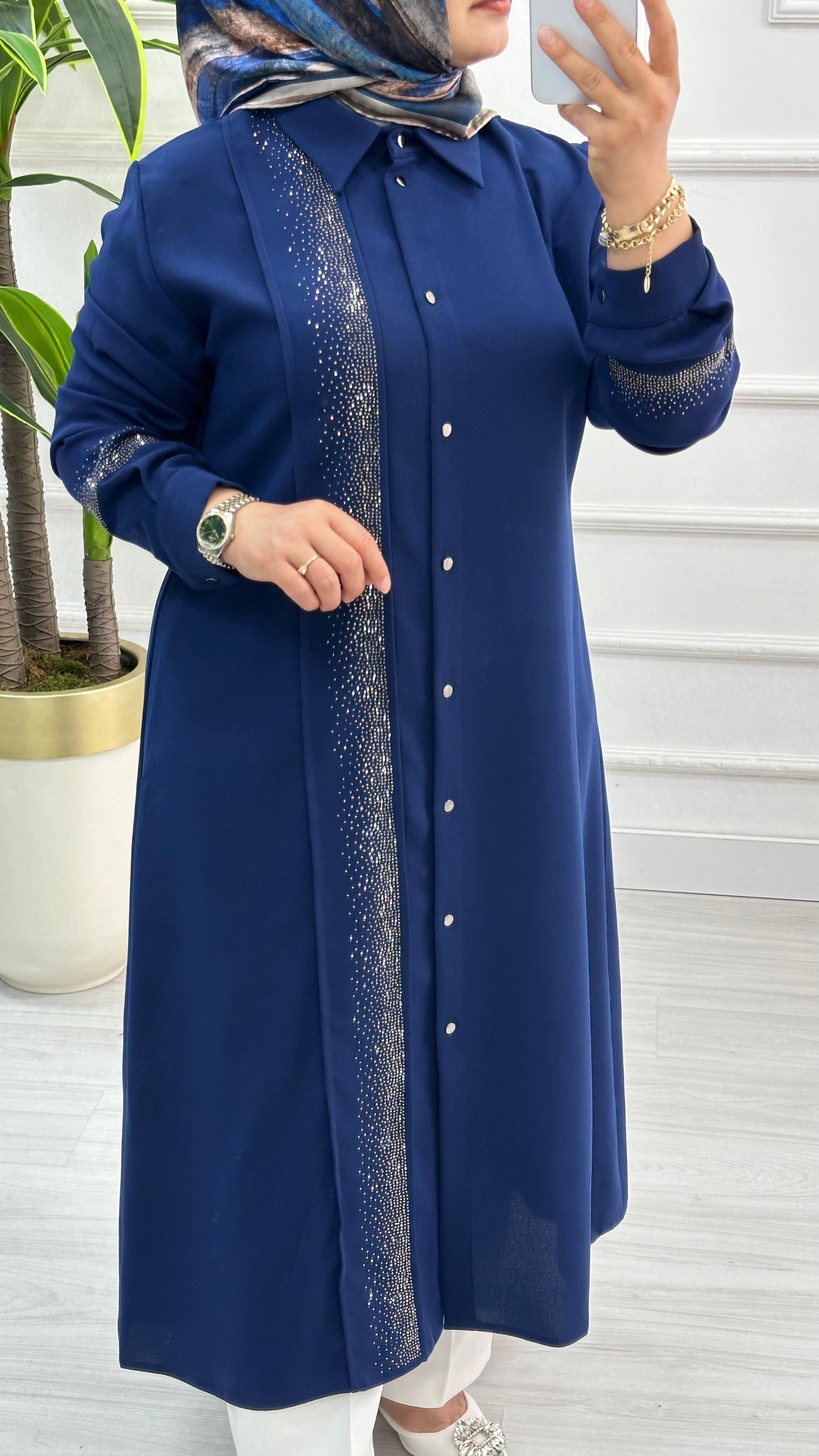 Çınar Özkan Krep Çımalı Taş Detaylı Tunik 2805 - Saks Mavisi
