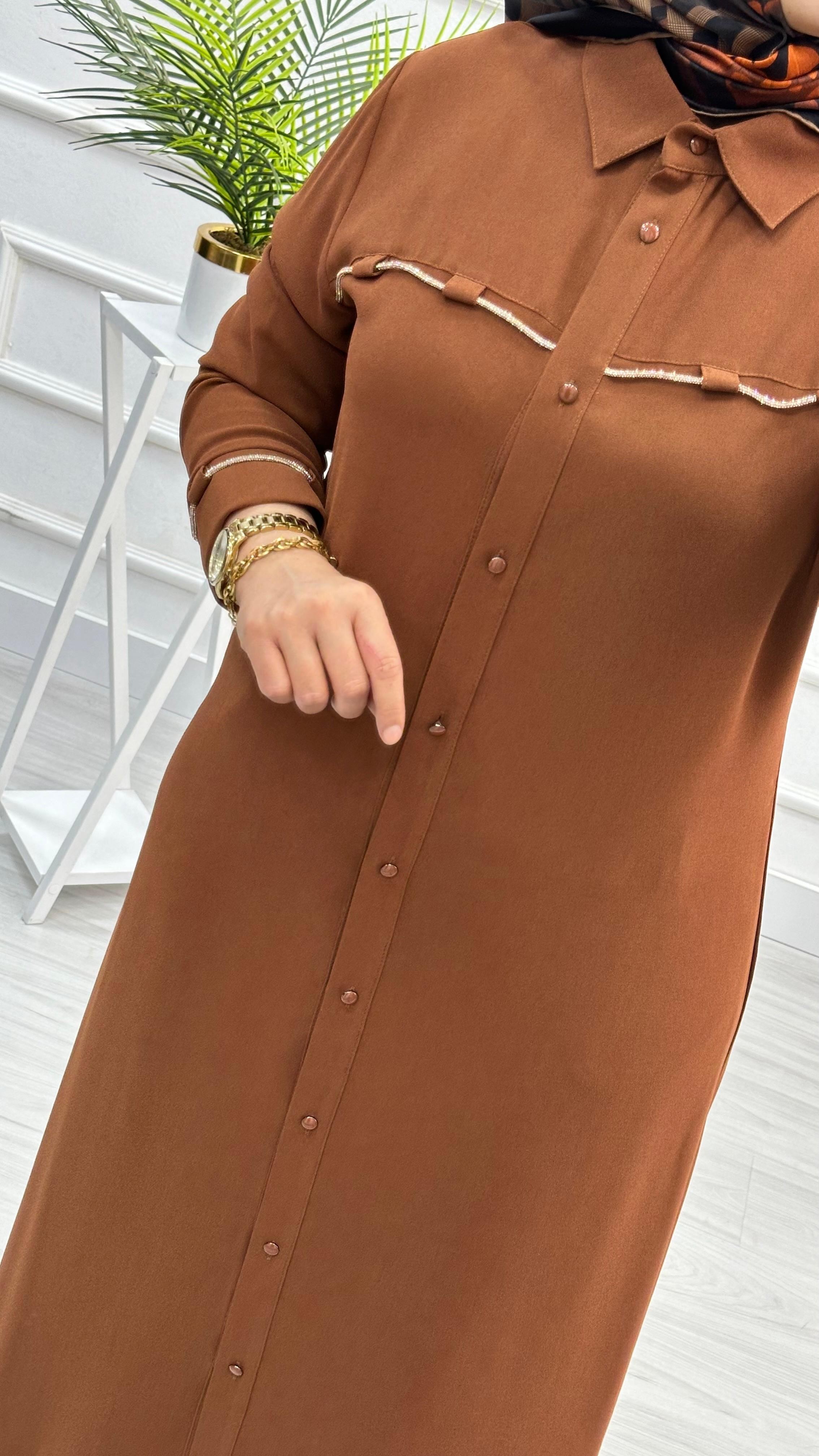 Kolları Ve Önü Taş Detaylı Tunik 4712 - Taba
