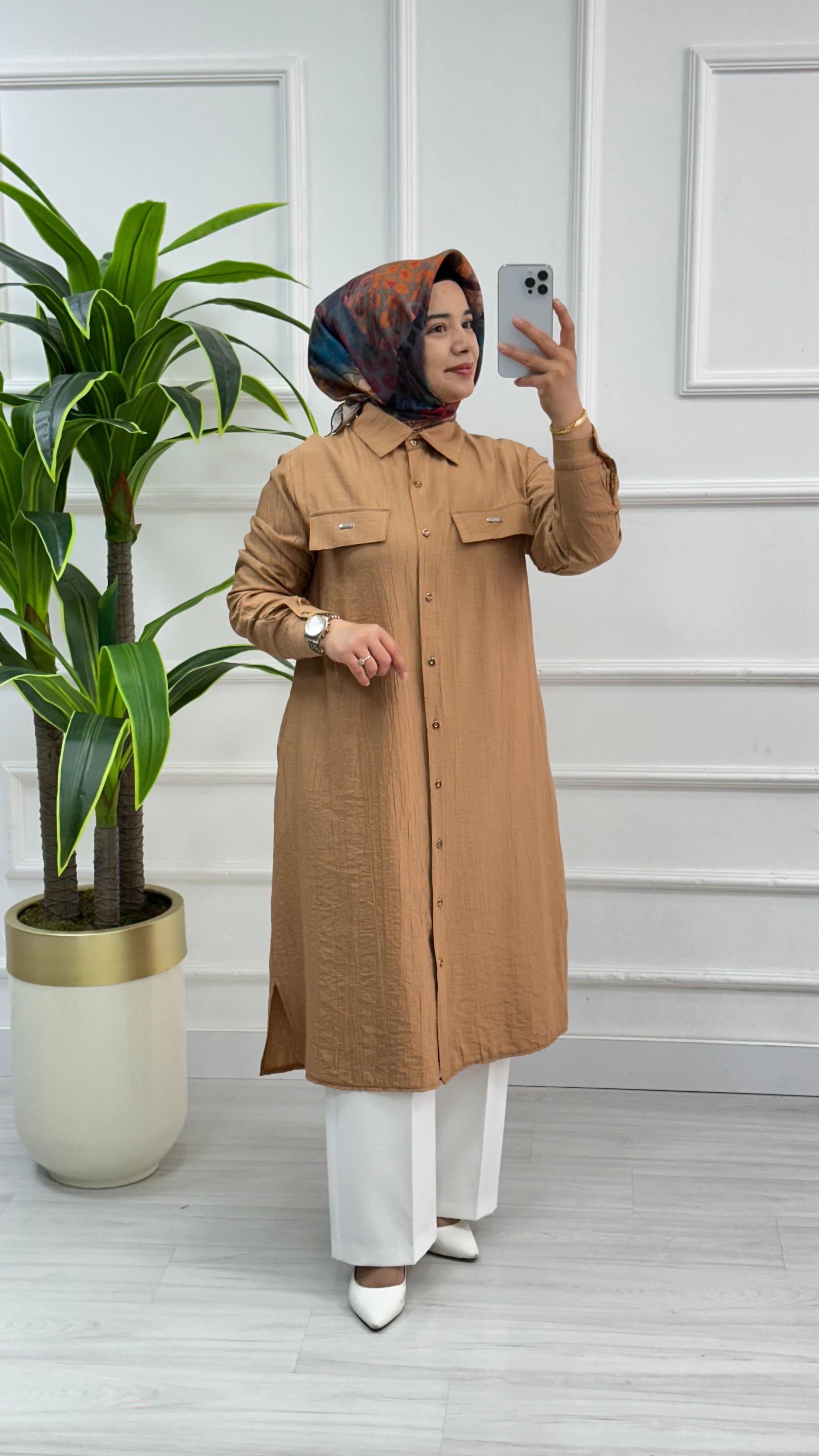 Kado Cep Detaylı Tensel Kumaş Tunik 1900 - Kavun