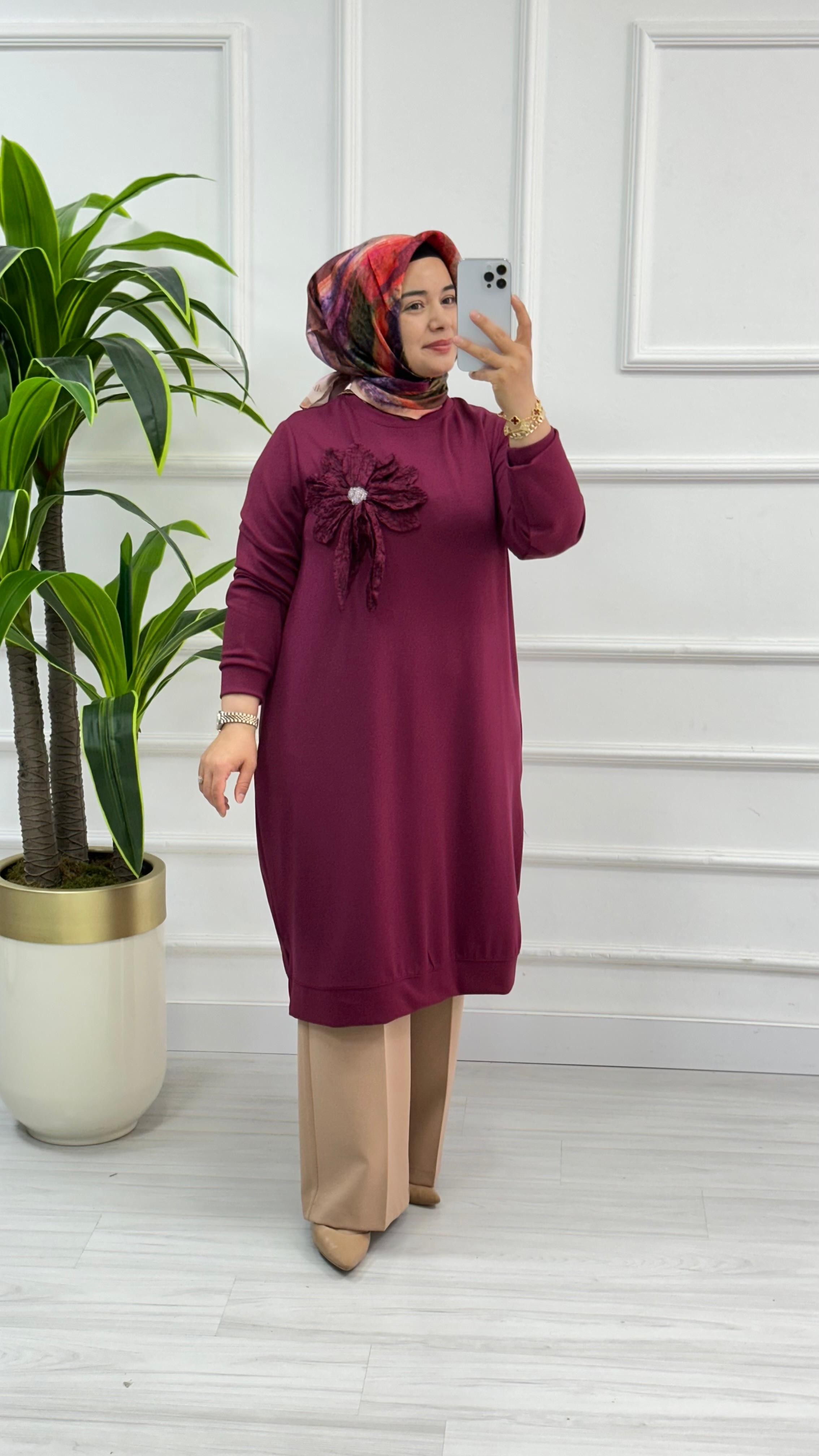 Kado Uzun Boy Çiçek Desenli Tunik 1354