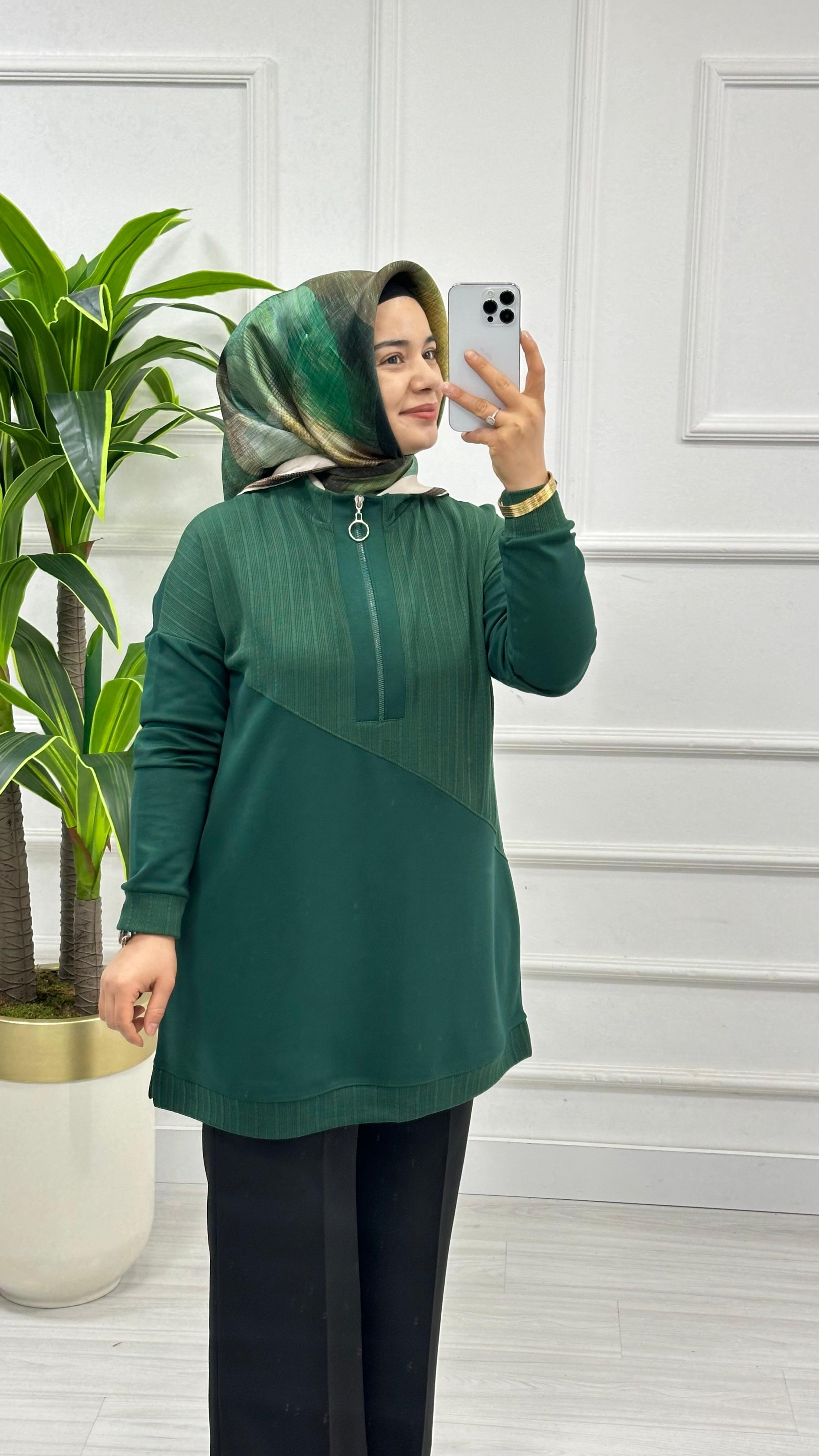 Fermuarlı Çizgi Desenli Swet 9257 - Zümrüt Yeşili