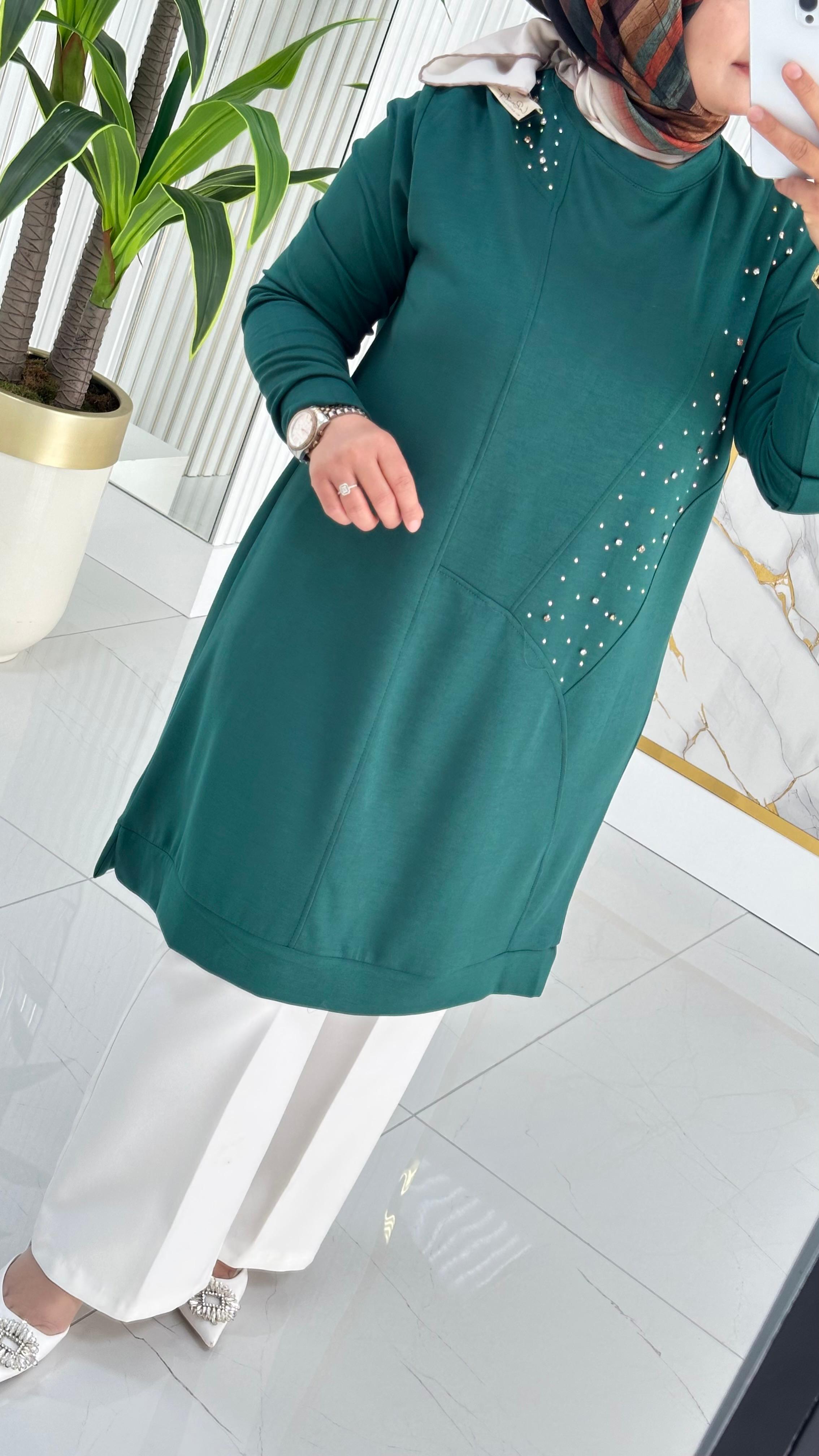 Kado Taş Baskılı Asimetrik Tunik 7020 - Koyu Zümrüt