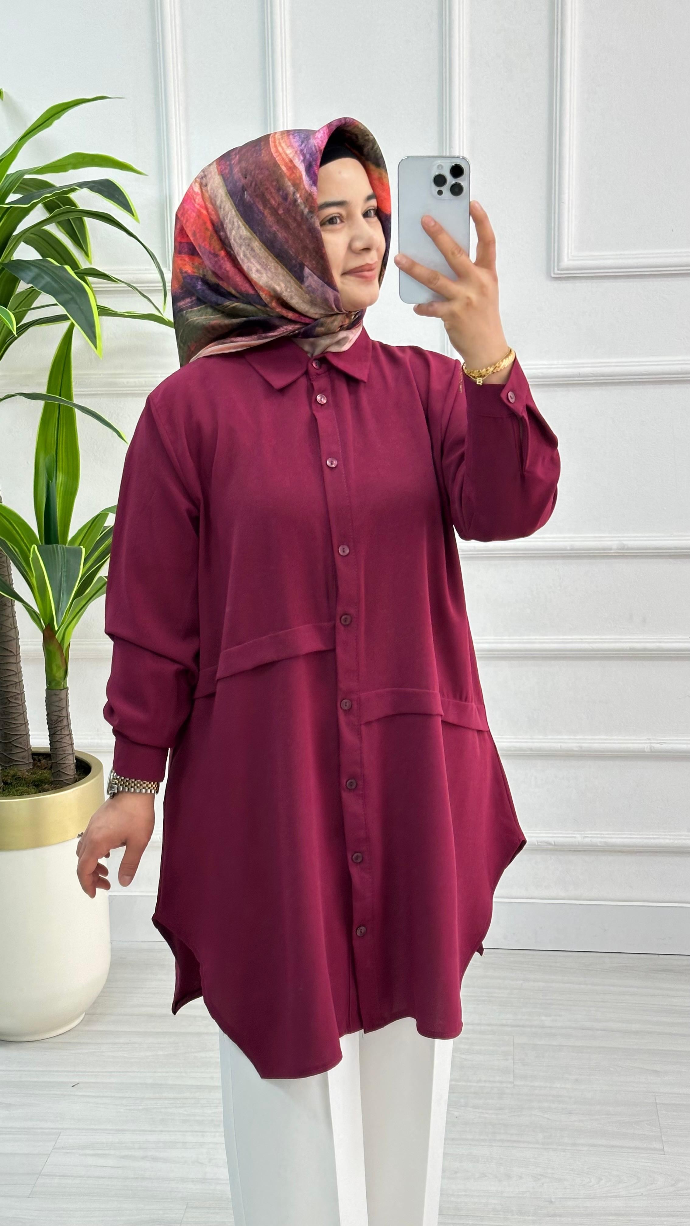 Önleri Geniş Pileli Linda Rahat Kalıp Tunik 1173 - Bordo