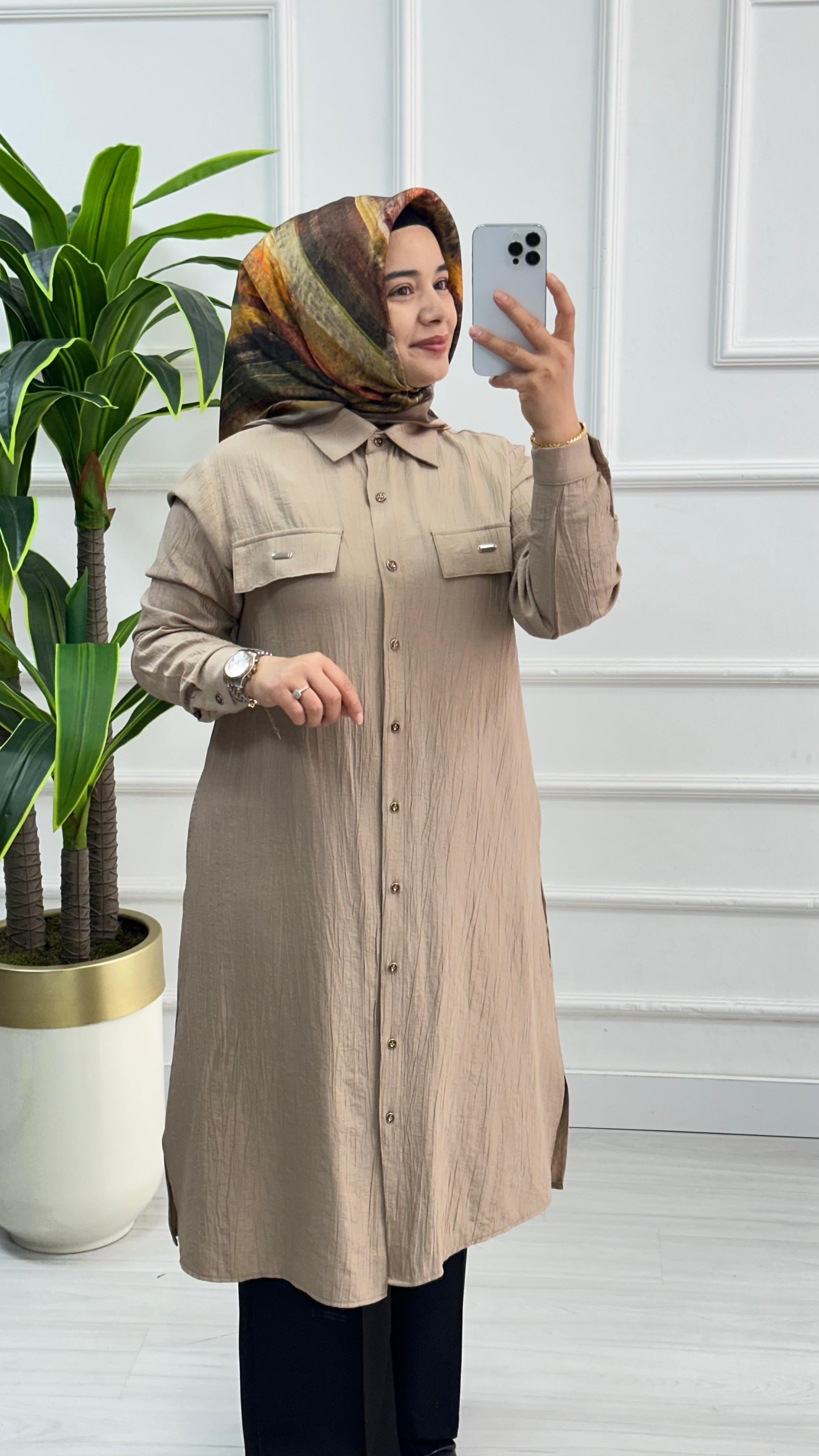 Kado Cep Detaylı Tensel Kumaş Tunik 1900 - Taş