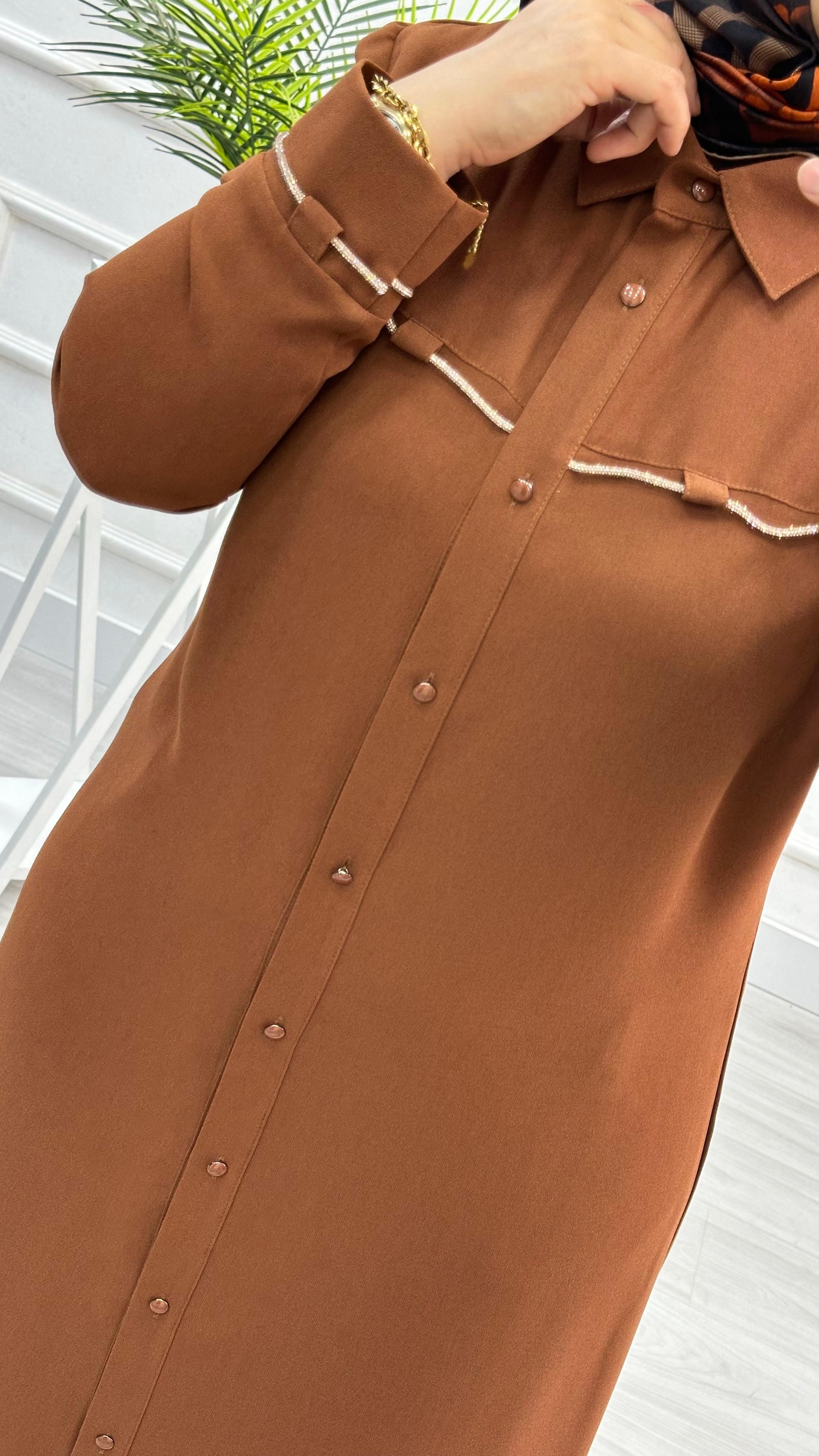 Kolları Ve Önü Taş Detaylı Tunik 4712 - Taba