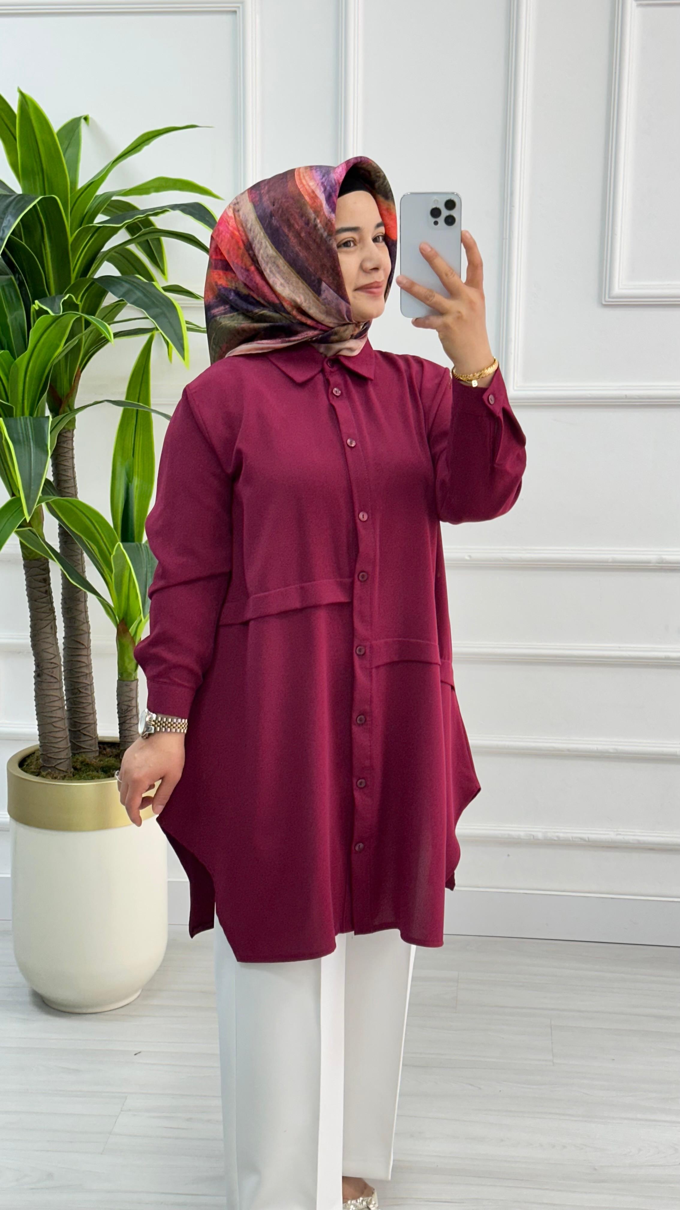 Önleri Geniş Pileli Linda Rahat Kalıp Tunik 1173 - Bordo