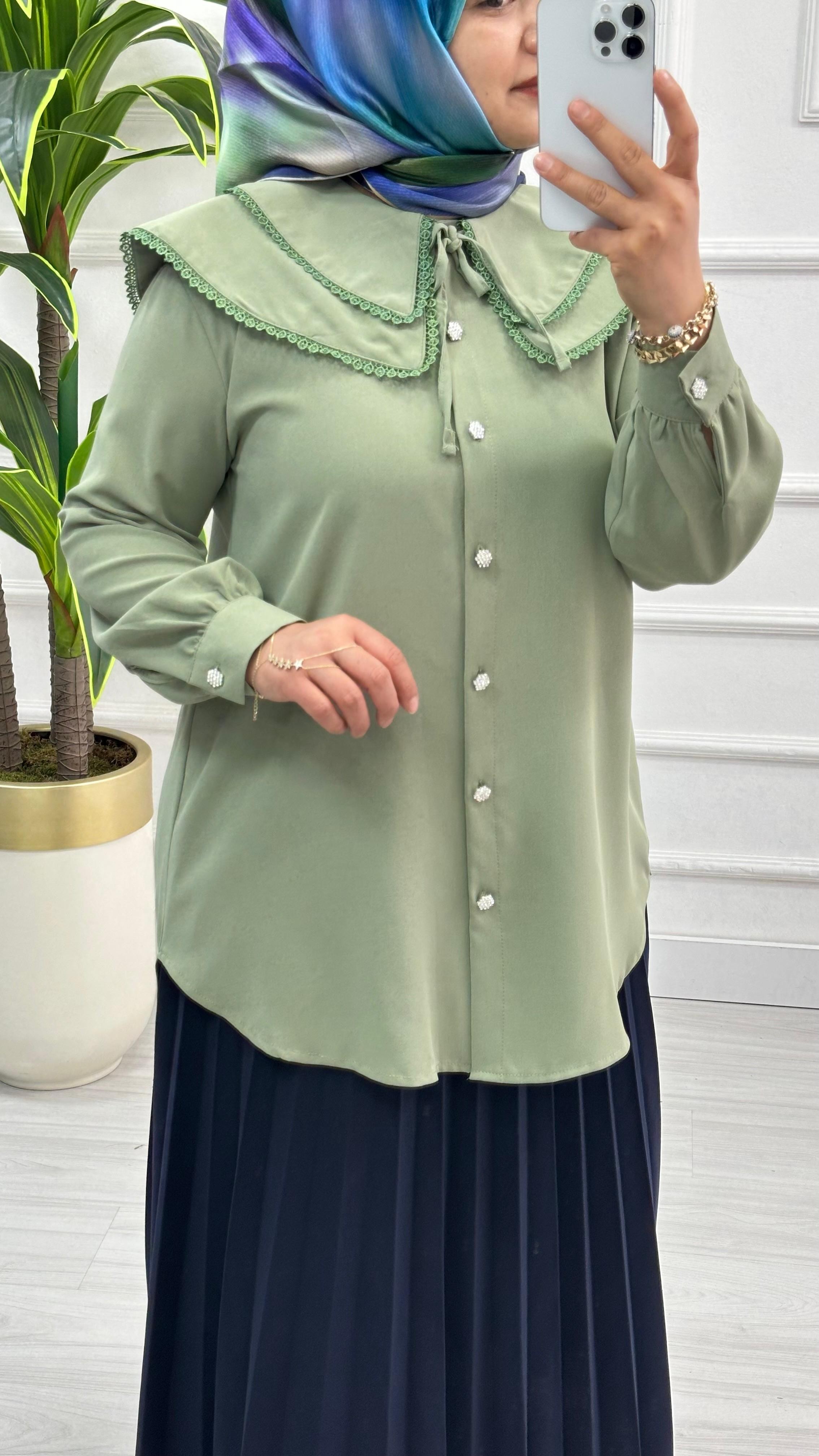 Dantelli Çift Yakalı Linda Tunik 1734 - Mint Yeşili