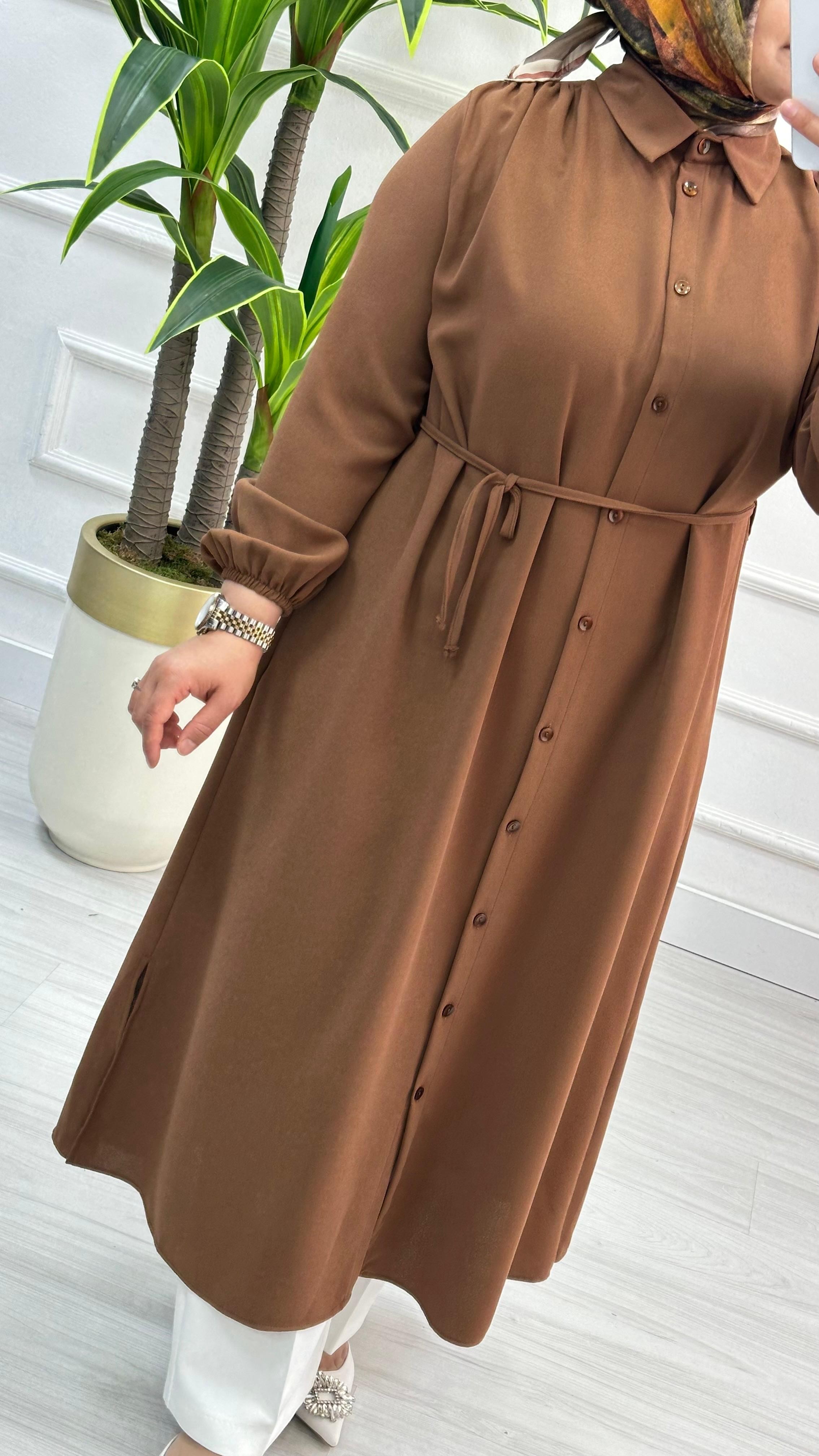 Omuzları Büzgülü Linda Kumaş Tunik 1562 - Kahverengi