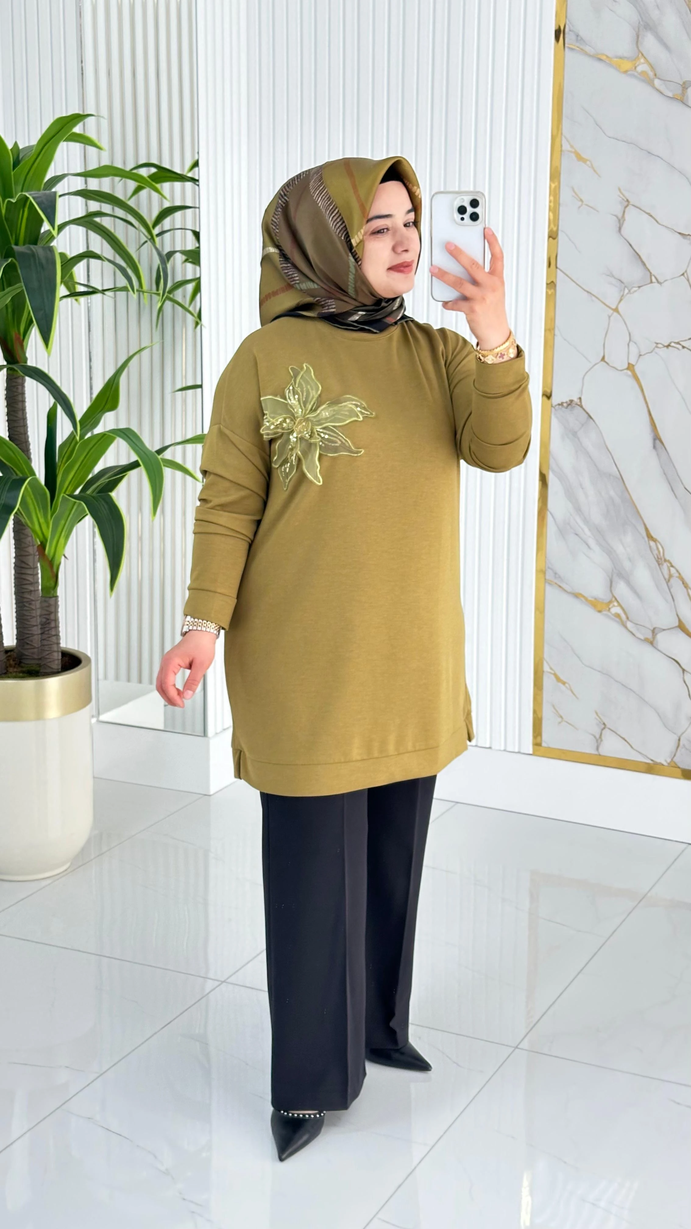 Kado Çiçek Desenli Tunik 7346 - Yağ Yeşili