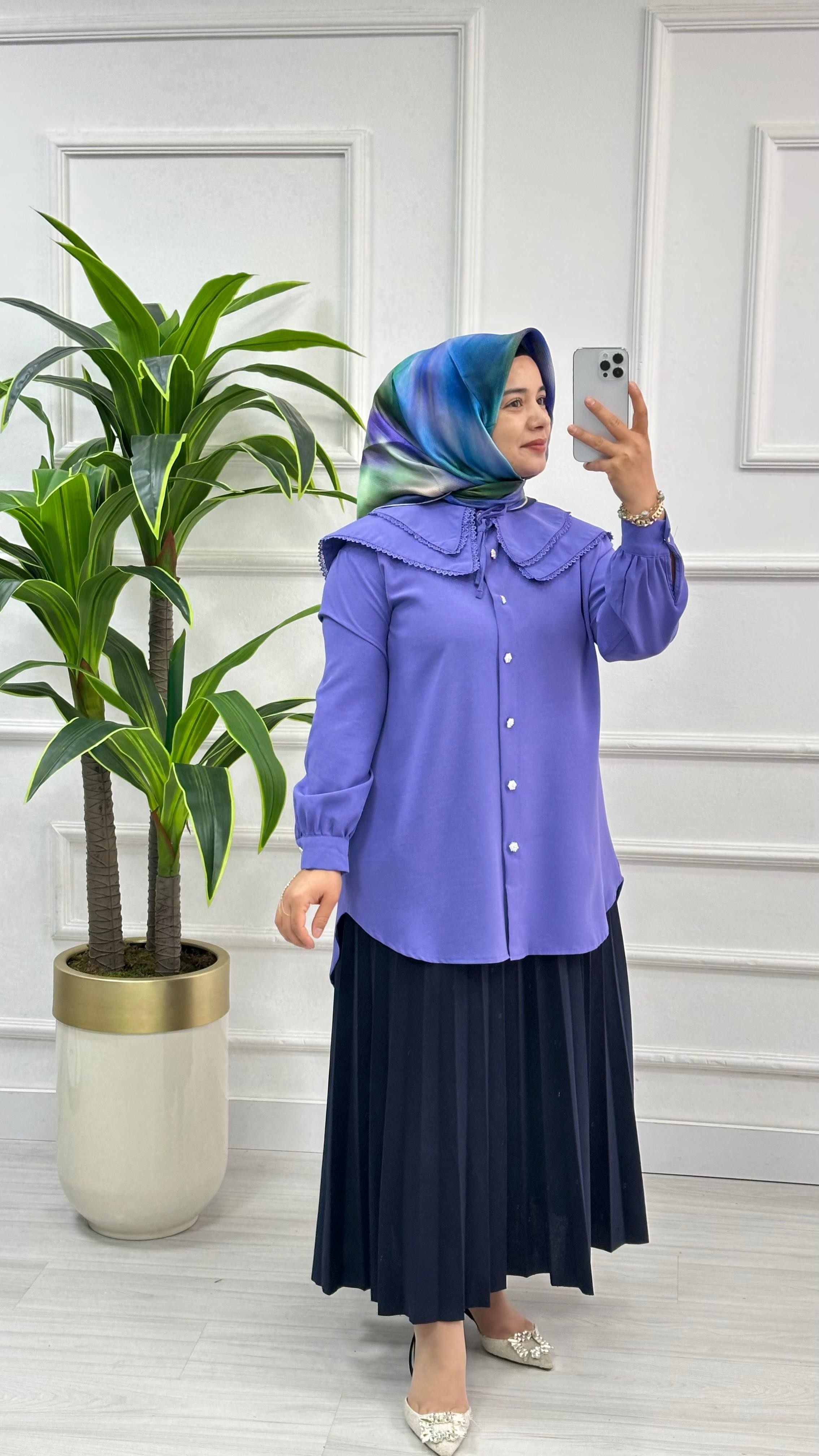 Dantelli Çift Yakalı Linda Tunik 1734 - Lila