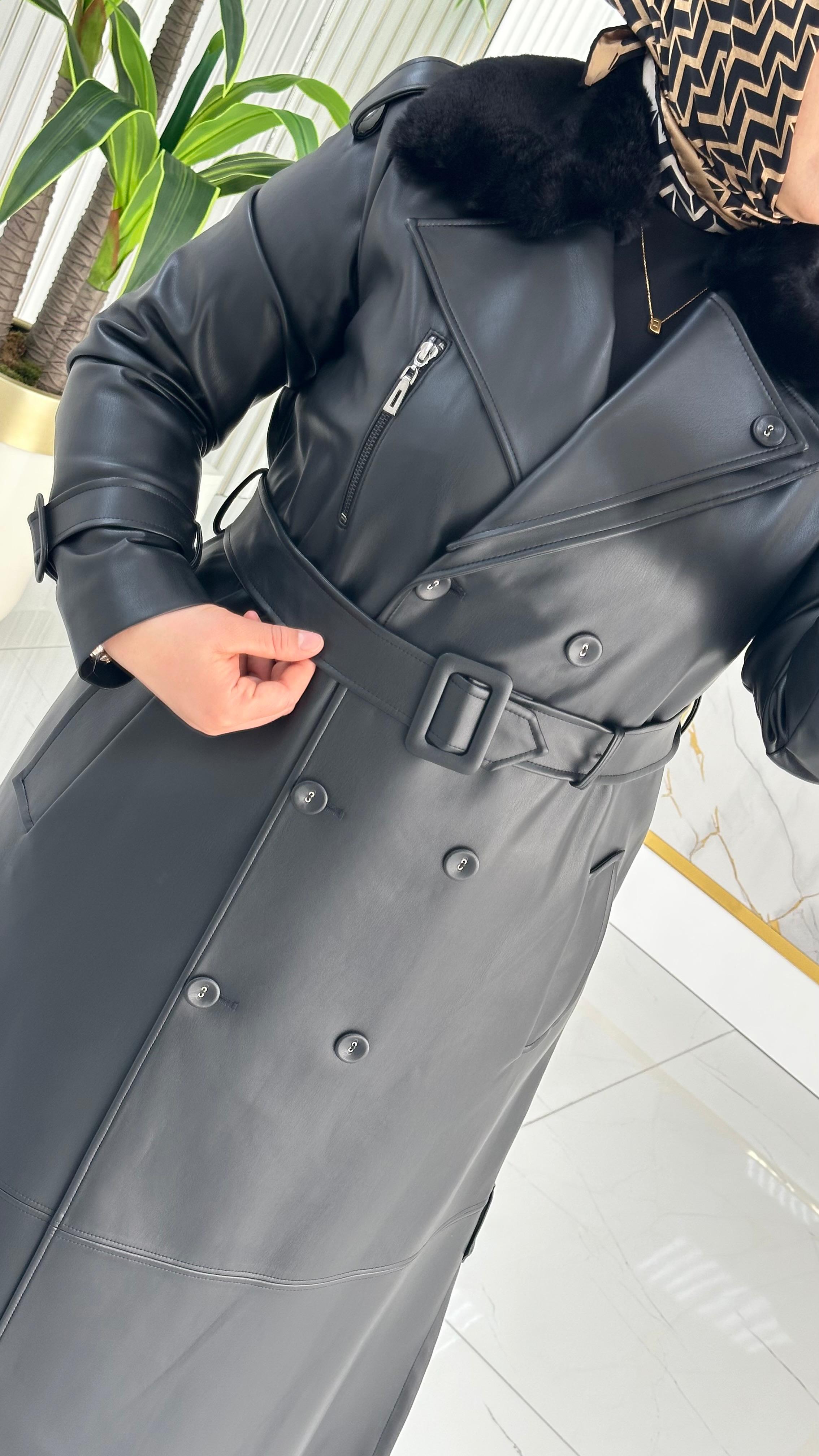 Zühre Kürk Yaka Fermuar Detaylı Deri Trençkot 1352