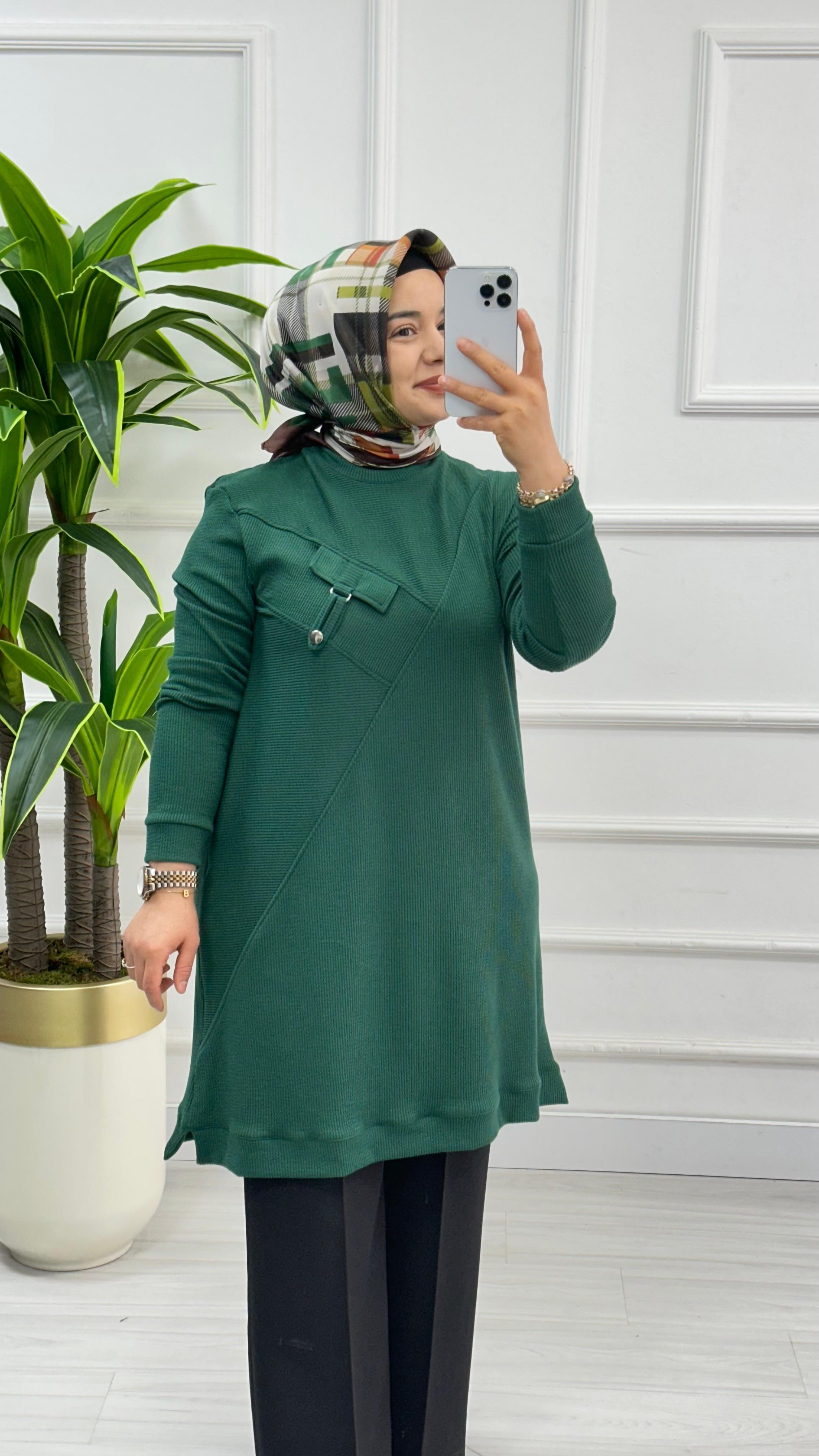 Önü Nervürlü Cep Görünümlü Fitilli Örme Tesettür Swet 9691